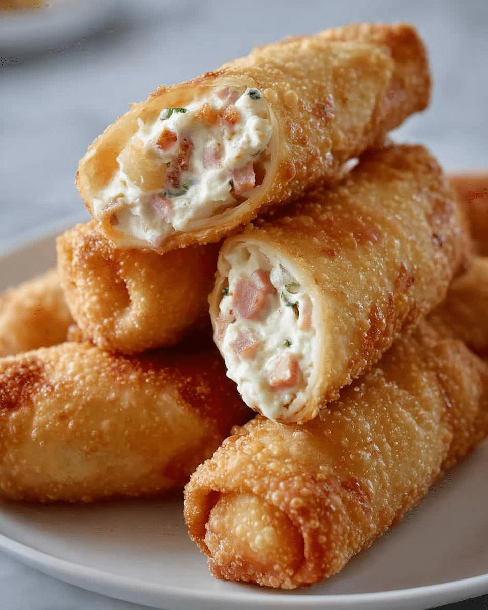 The image shows a white plate stacked with six golden-brown fried rolls. Each roll has a crispy, bubbly outer layer that is lightly textured. Three of the rolls are cut open at one end, revealing a creamy white filling mixed with small bits of pink and green, likely pieces of ham and herbs. The rolls are piled casually, some lying flat and others resting on top, showing the contrast between the crunchy outside and the smooth, soft inside. The plate sits on a white marbled surface. photo taken with an iphone --ar 4:5 --v 7