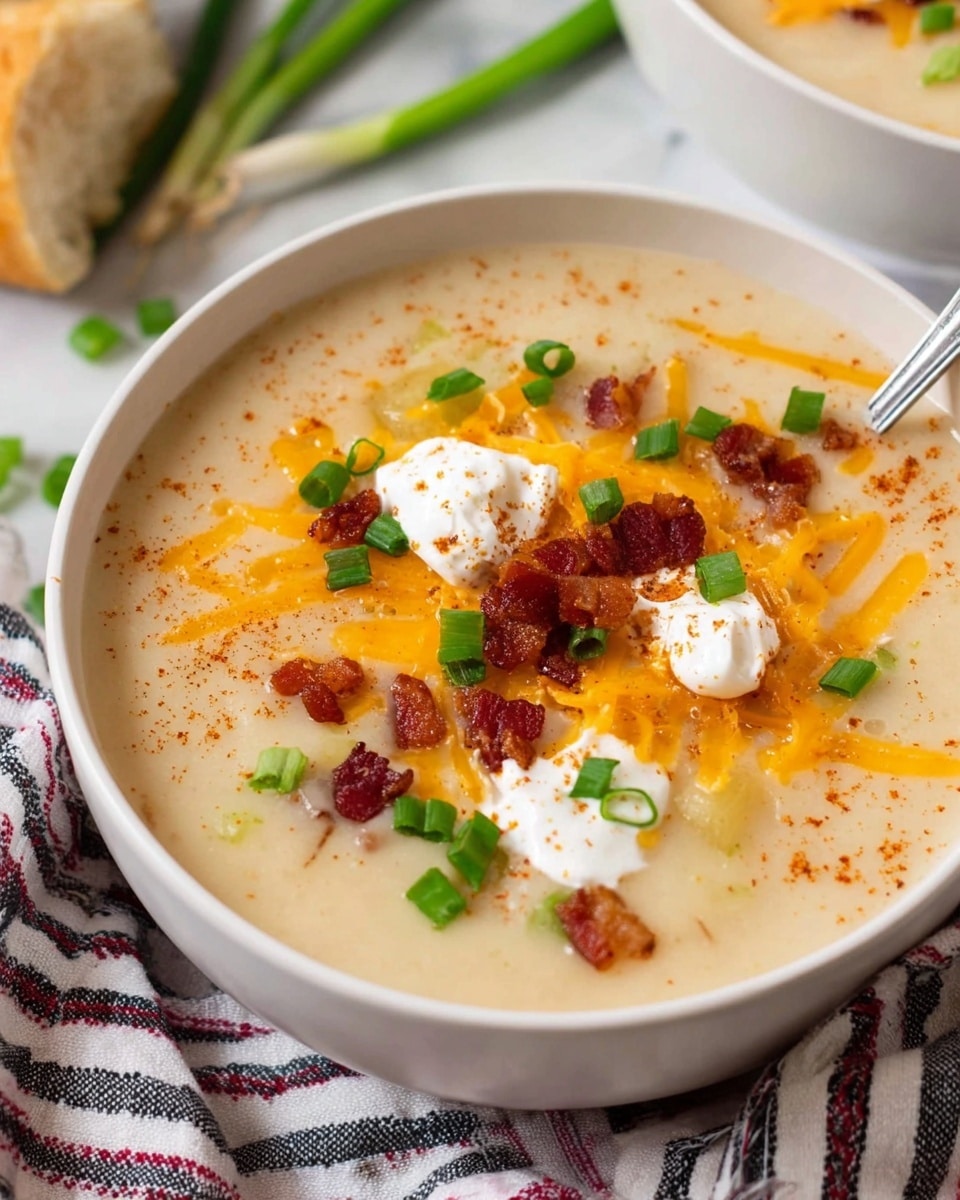 A close-up of a white bowl filled with creamy light beige potato soup that has a smooth texture with a few chunks of potato visible. On top, there are small pieces of crispy bacon, bright orange shredded cheddar cheese, dollops of white sour cream, and chopped green onions sprinkled evenly. There is a light dusting of reddish-brown seasoning over the soup. The bowl sits on a striped cloth with a piece of bread and some chopped green onions nearby on a white marbled surface. Photo taken with an iphone --ar 4:5 --v 7