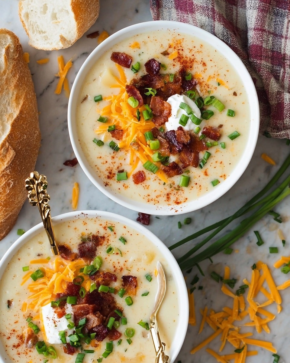 Two white bowls filled with creamy potato soup sit on a white marbled surface. Each bowl has a thick, smooth, off-white soup base with small lumps of potato visible. On top, there is a layer of shredded bright orange cheddar cheese, crispy dark reddish-brown bacon bits, and fresh chopped green onions. A dollop of white sour cream is in the center of the soup, with a light dusting of reddish paprika powder sprinkled around it. A gold spoon with a branch-like handle rests inside one bowl. Pieces of torn light brown bread and some scattered shredded cheese and green onions lie next to the bowls on the surface. Photo taken with an iphone --ar 4:5 --v 7
