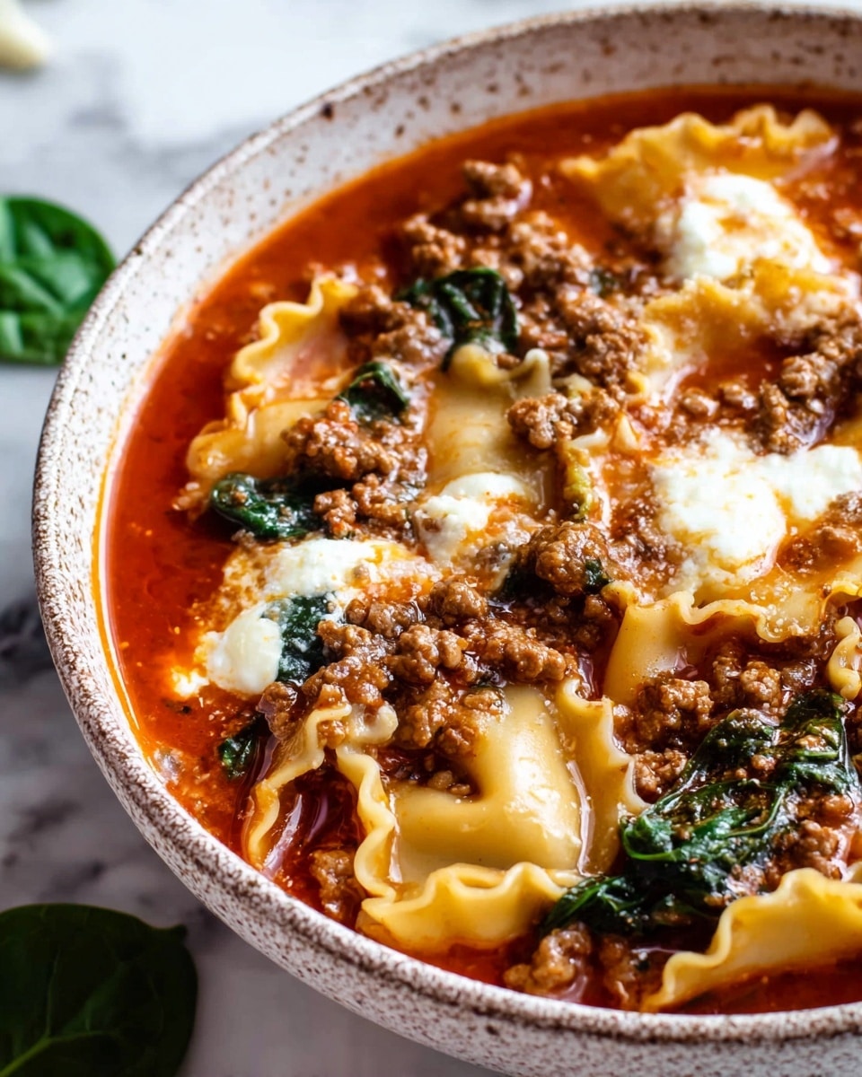 A close-up view of a bowl filled with a thick lasagna soup showing several layers and ingredients. The bottom layer has wide, ruffled-edged pasta sheets curled and submerged in a rich red tomato broth. On top, there are cooked ground beef pieces, scattered in small clumps over the surface. Bright green spinach leaves contrast against the red soup, some partially submerged, some resting on top. Melted white cheese patches are spread unevenly across the beef and sauce, adding creamy texture to the dish. The bowl itself is white with a rough textured rim, placed on a white marbled surface with a small part of a spinach leaf near it. Photo taken with an iphone --ar 4:5 --v 7