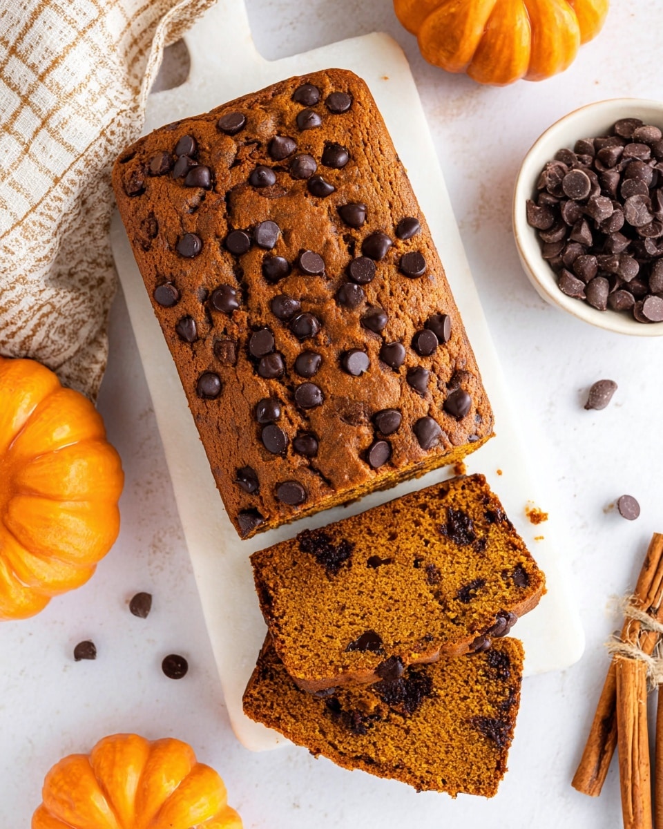 The image shows a loaf of pumpkin chocolate chip bread on a white cutting board with two slices cut from one end. The bread has a rich orange-brown color with many dark chocolate chips scattered throughout and on top, creating a textured, slightly cracked surface. The two sliced pieces reveal a moist and dense interior with an even distribution of melted chocolate chips inside. Surrounding the cutting board are small decorative pumpkins, a bowl filled with extra chocolate chips, and tied sticks of cinnamon, all placed on a white marbled surface. photo taken with an iphone --ar 4:5 --v 7