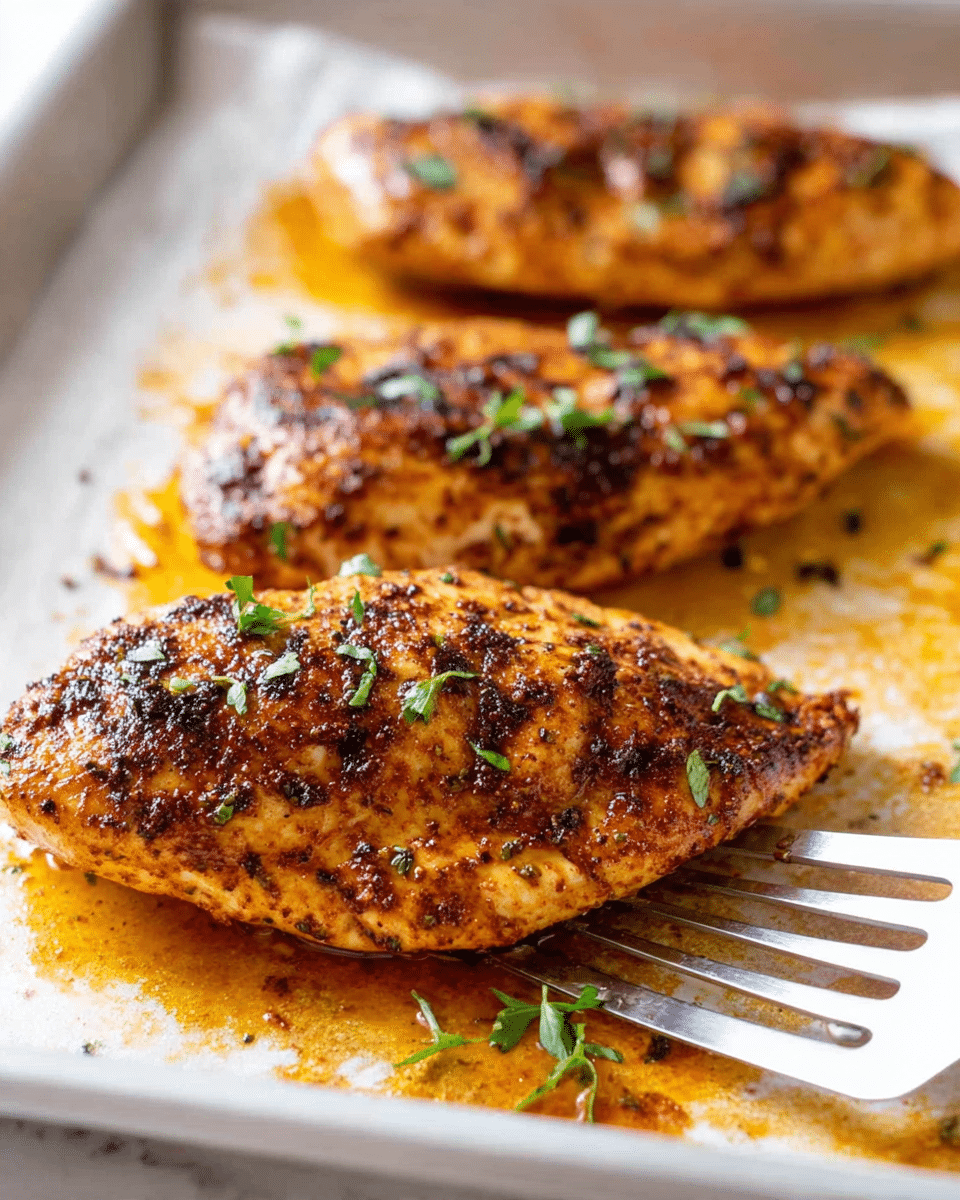 Three cooked chicken breasts sit on a white baking tray with a white marbled texture underneath. Each chicken breast is covered with a layer of dark golden-brown spices and grill marks, showing a slightly crispy texture. Small green herb pieces are scattered softly on top of the chicken, adding a fresh contrast. The chicken sits in a light orange oily sauce, with some sauce spread thinly around the tray edges. A metal spatula is partially sliding under the middle chicken breast, lifting it slightly. Photo taken with an iphone --ar 4:5 --v 7