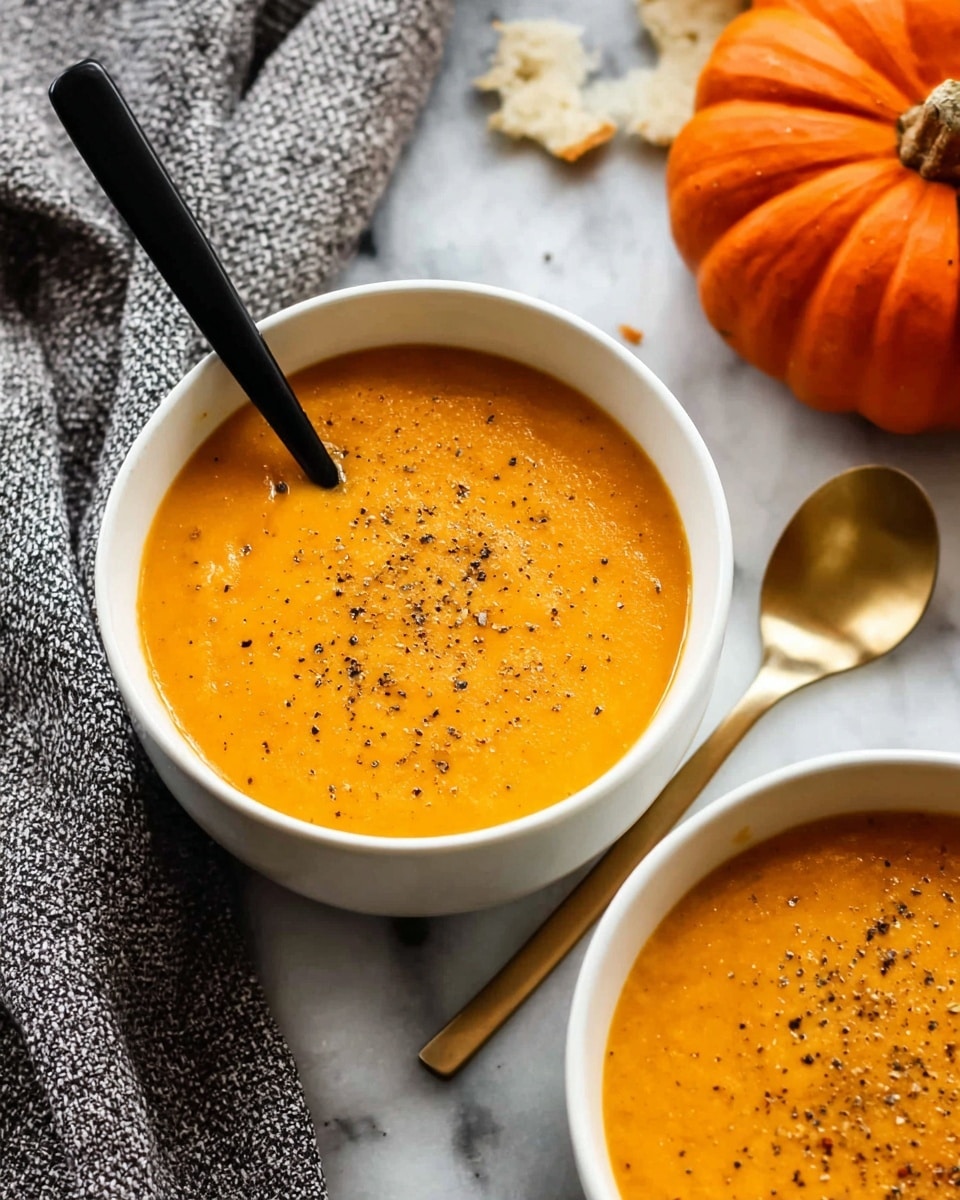 The image shows two white bowls filled with thick, creamy orange soup, each bowl topped with a light sprinkle of black pepper. One bowl has a black spoon inside it, resting on the edge, while the other bowl has a gold spoon placed beside it. The bowls are set on a white marbled surface with a textured gray cloth in the background and a bright orange pumpkin partially visible, adding a warm, cozy feel to the scene. Small crumbs of bread and specks of pepper are scattered around the bowls. photo taken with an iphone --ar 4:5 --v 7