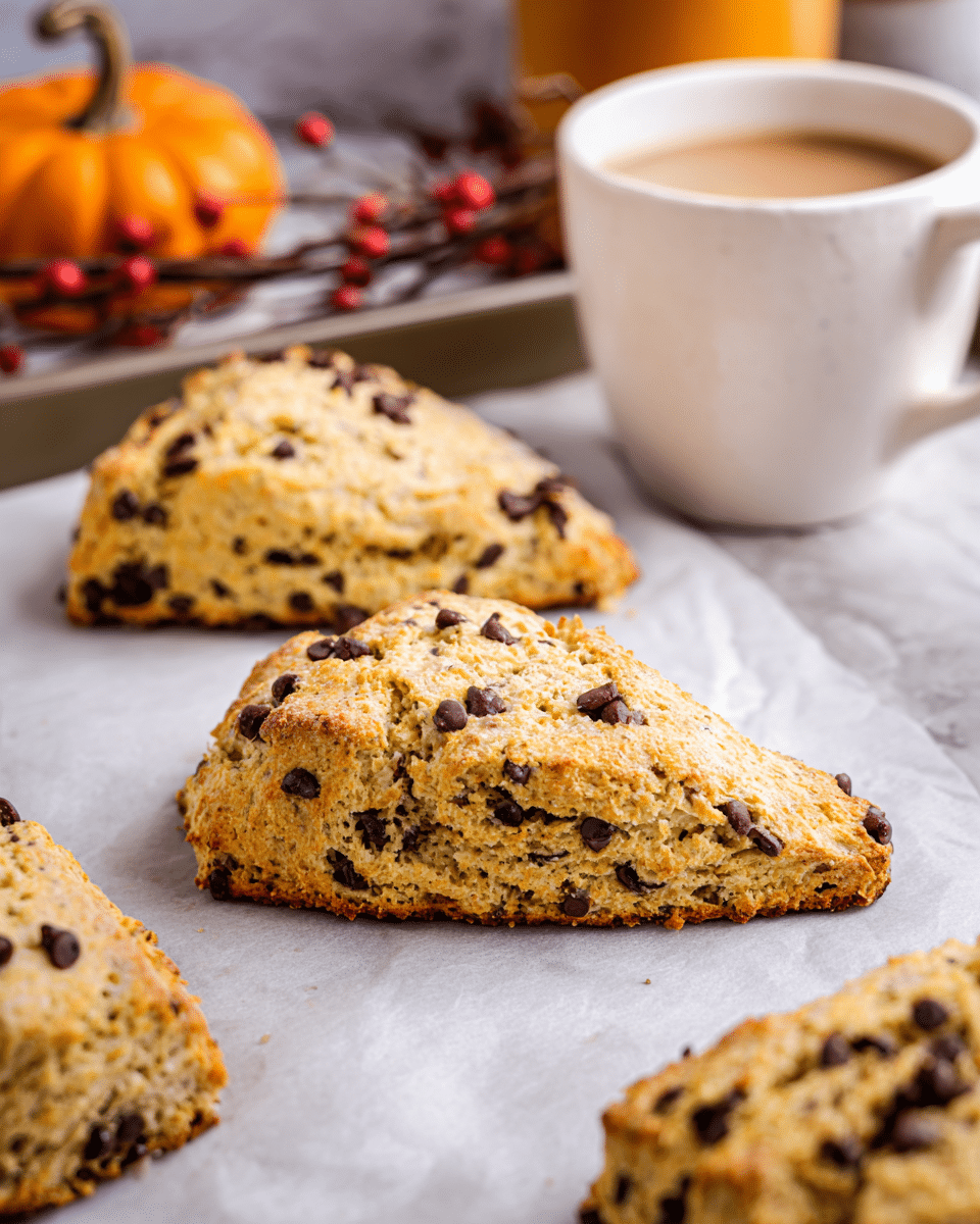 The image shows a close-up of a baked scone with a light golden brown color and a slightly rough texture, studded with small dark brown chocolate chips evenly spread throughout. The scone has a triangular shape with visible cracks, resting on white parchment paper on a baking tray. More similar scones are partially visible in the background. Behind the tray, there is a white cup filled with a light brown drink, likely coffee or tea, sitting on a white marbled surface with blurred fall decor, including a small orange pumpkin and some rustic brown twigs with red berries. Photo taken with an iphone --ar 4:5 --v 7