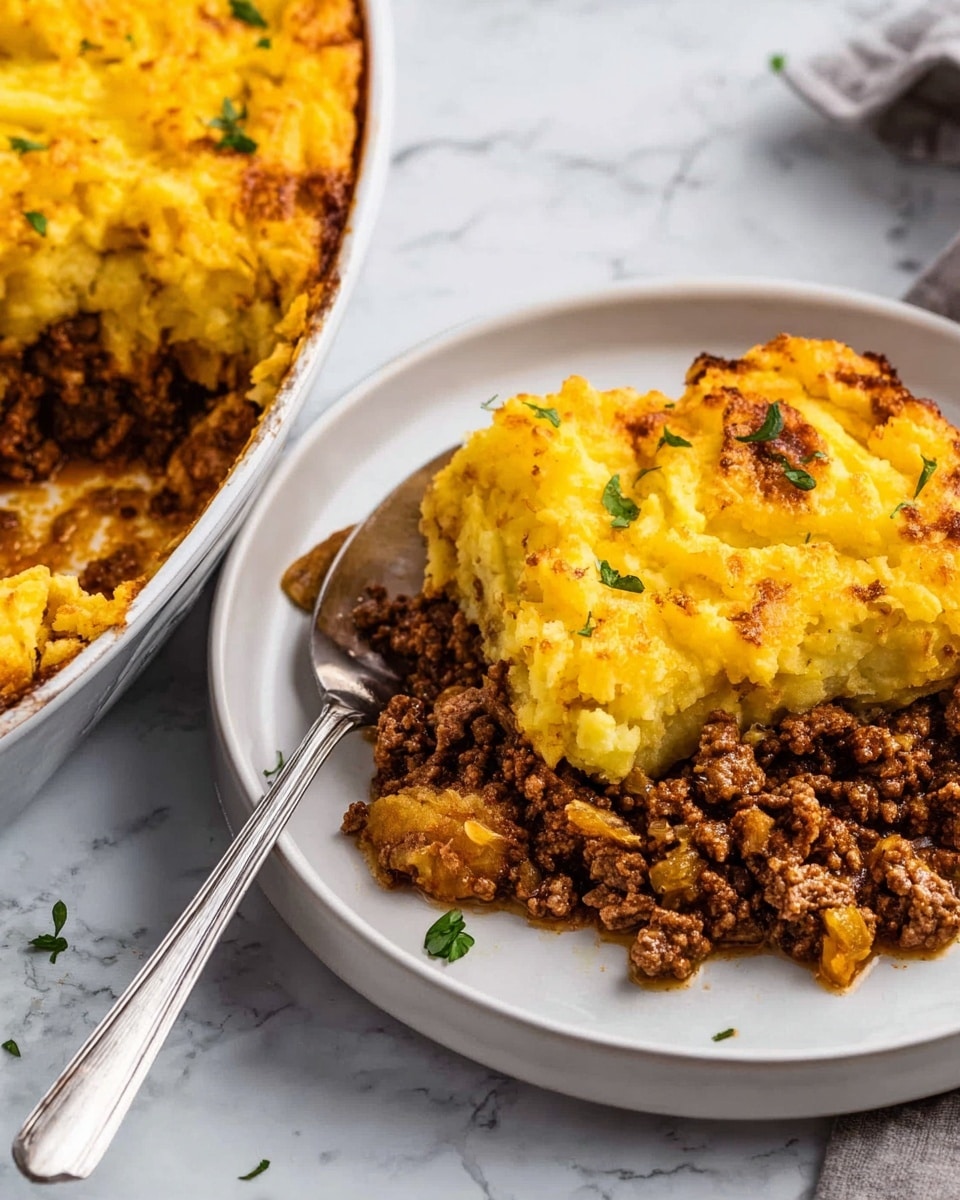The image shows a serving of a two-layer casserole dish on a white round plate placed on a white marbled surface. The bottom layer is a dark brown, crumbly cooked ground meat mixed with onions, giving a slightly rough texture. The top layer consists of mashed potatoes baked with a smooth, fluffy texture and a golden-yellow color with some browned edges. The mash is slightly piped or scooped, giving a soft, cloud-like look. A fork with a shiny silver handle lies partially on the plate and on the white marbled surface. Part of the casserole dish with the same two layers is on the left side of the image. Some green herb garnish is scattered sparingly on the mashed potatoes. Photo taken with an iphone --ar 4:5 --v 7