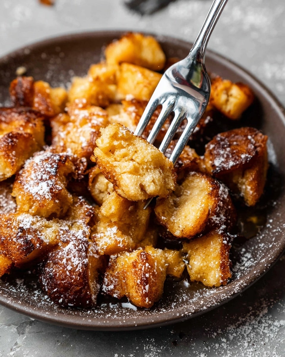 The image shows a close-up of a dark brown dish filled with small, soft pieces of golden brown cooked cake or bread, some with crispy edges and a moist inside. The dish is sprinkled lightly with powdered sugar, adding a white dusting on top and around the food. A silver fork is piercing one piece gently from above, with shiny metal reflections. The plate is set on a white marbled texture surface, with a few crumbs scattered nearby. photo taken with an iphone --ar 4:5 --v 7