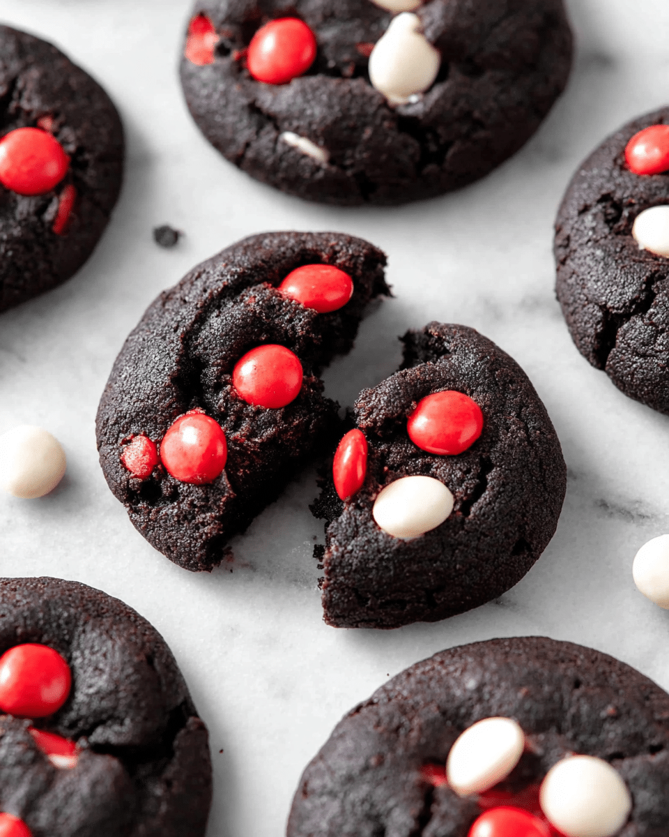 The image shows several round, dark black cookies with a slightly cracked surface, each topped with three candy-coated chocolates in red and white colors. One cookie in the center is broken into two pieces, revealing the soft and dense black interior. The cookies are laid out on a white marbled surface, with the candies standing out sharply against the dark cookie dough. Photo taken with an iphone --ar 4:5 --v 7