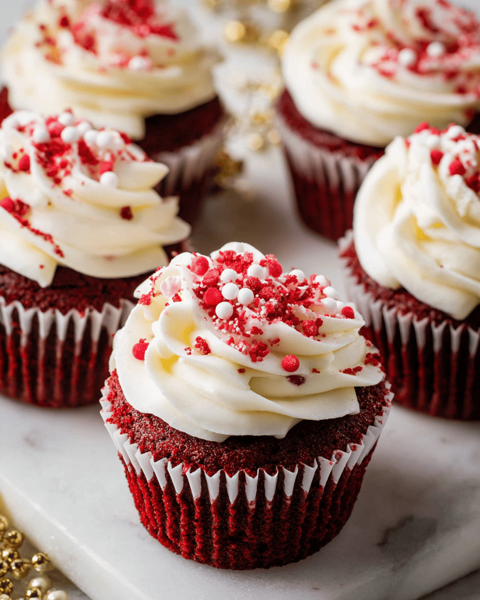 The image shows five red velvet cupcakes, each topped with creamy white frosting swirled into soft peaks. The frosting is decorated with small white and red round sprinkles, along with a sprinkle of fine red sugar crystals, adding texture and color contrast. The cupcakes are in white paper liners with ridged edges, showing the deep red color of the moist cake underneath. They are placed closely together on a white marbled surface, with parts of gold beaded decoration faintly visible near the edges. The focus is on the front cupcake with the details of the frosting and sprinkles very clear, while the others softly blur behind it. Photo taken with an iphone --ar 4:5 --v 7