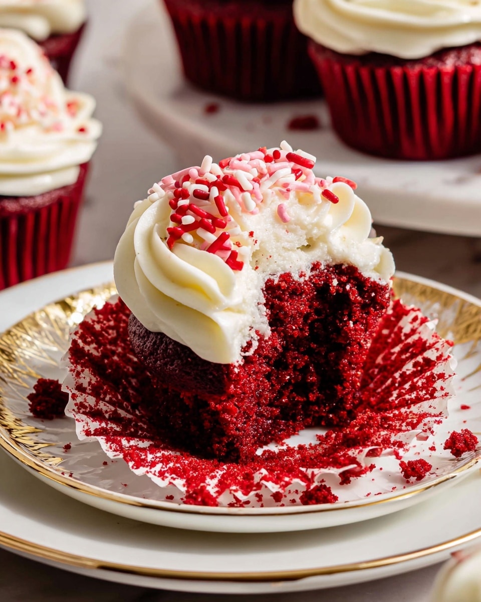 A single red velvet cupcake with a rich, dark red moist texture sits partially unwrapped on a white plate with a gold decorative edge, revealing a thick layer of smooth white cream cheese frosting on top. The frosting is swirled and slightly soft, sprinkled with bright red round and stick-shaped sprinkles, with some red crumbs scattered around on the cupcake liner and plate. In the background, there are more red velvet cupcakes with white frosting, all placed on a white marbled surface. photo taken with an iphone --ar 4:5 --v 7