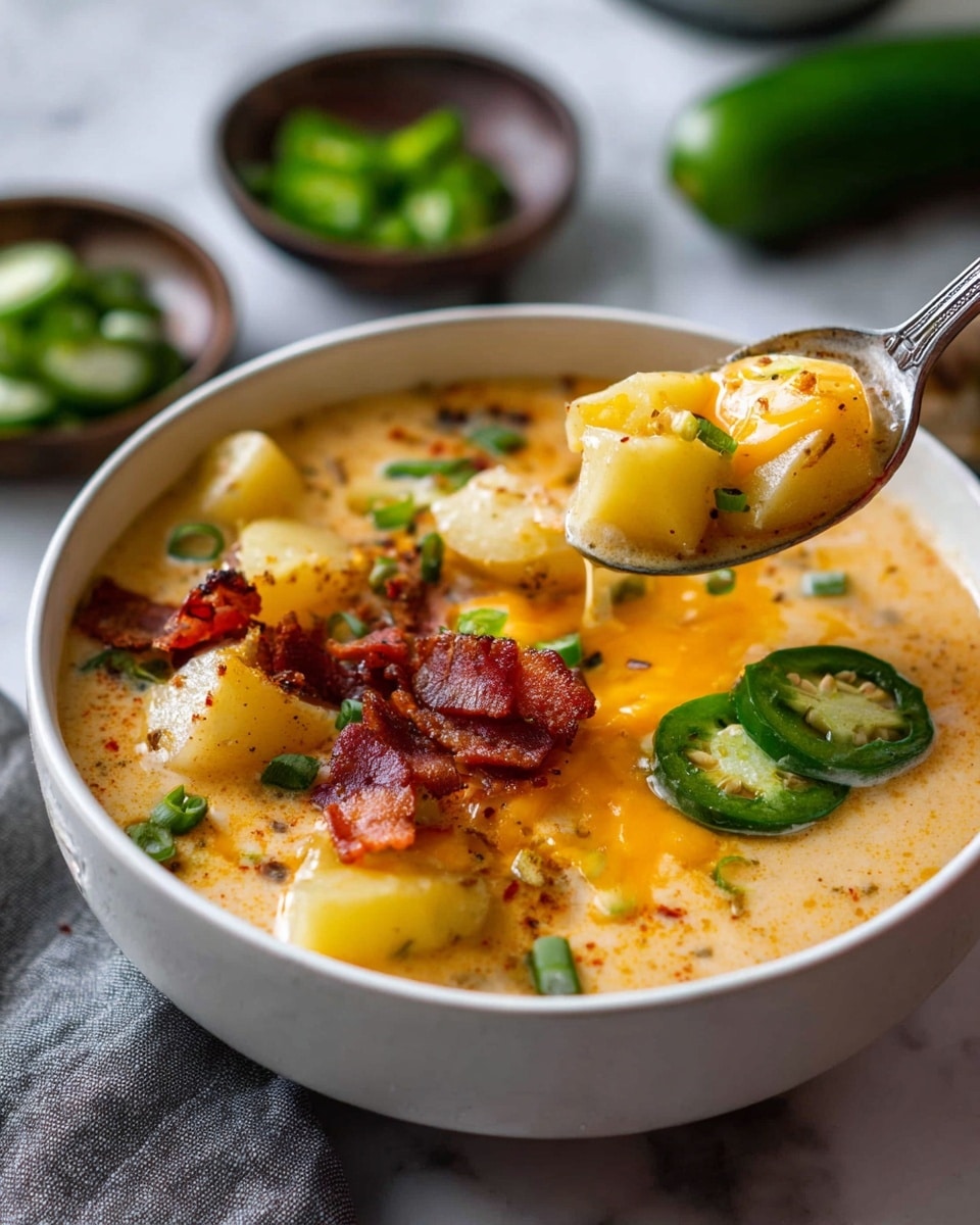 A close-up of a white bowl filled with creamy soup containing chunky yellow potato cubes in a thick light orange creamy broth, topped with crispy brown bacon pieces, two green jalapeno slices on one side, and small green onion pieces scattered throughout. There is melted orange cheese around the jalapeno slices. A silver spoon holding a scoop of potato and soup is poised above the bowl. The bowl sits on a white marbled surface with small bowls of green ingredients and a cucumber blurred in the background. photo taken with an iphone --ar 4:5 --v 7