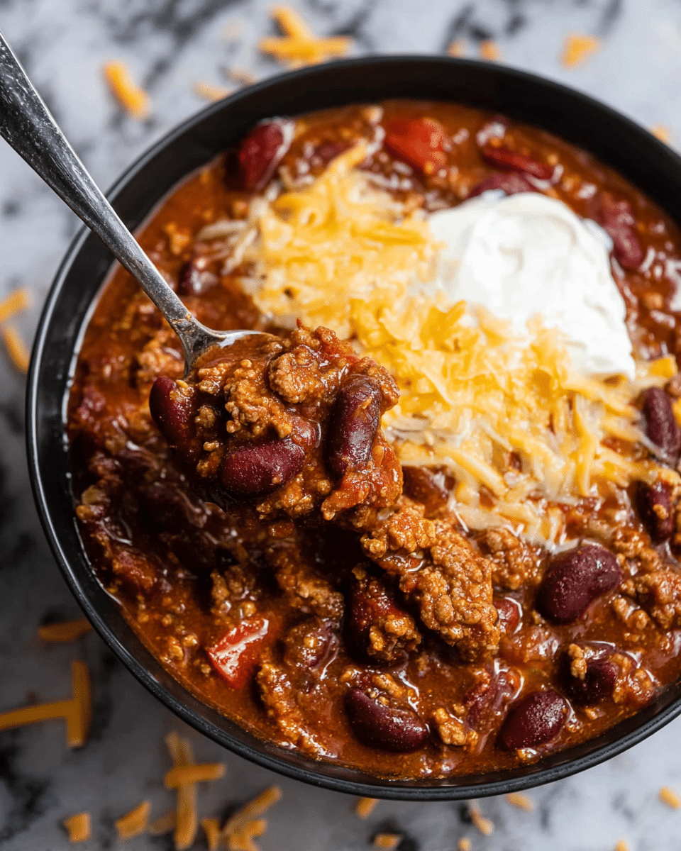 The dish shows a black bowl filled with thick chili, featuring layers of chunky ground meat mixed with dark red kidney beans in a rich reddish-brown sauce. On top, there is a layer of melted shredded cheese adding a slightly soft yellow texture. A dollop of smooth, white sour cream sits near the center, contrasting with the hearty chili. A silver spoon with a dark handle scoops up a mix of meat and beans, ready to eat. The bowl is placed on a white marbled surface with scattered small bits of shredded cheese. photo taken with an iphone --ar 4:5 --v 7