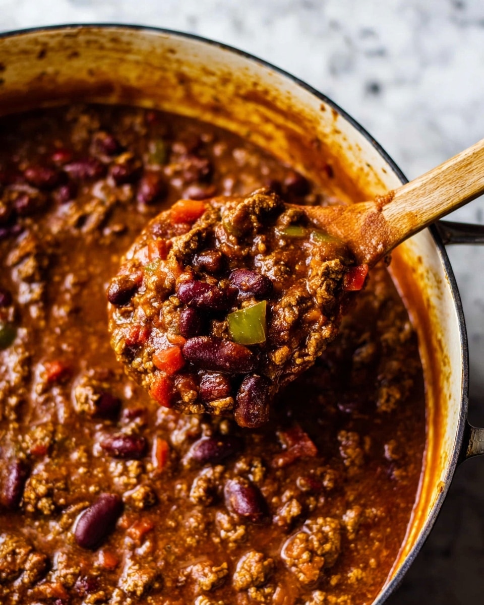 The image shows a close-up of a pot filled with a thick chili mix. The dish has visible layers of dark brown ground meat and shiny reddish kidney beans mixed with small pieces of green and red vegetables, all coated in a rich, brownish-red sauce. A wooden spoon is lifting a scoop of the chili, showing the chunky texture and mix of ingredients inside the pot, which has some sauce staining around the rim. The background surface is a white marbled texture. Photo taken with an iphone --ar 4:5 --v 7