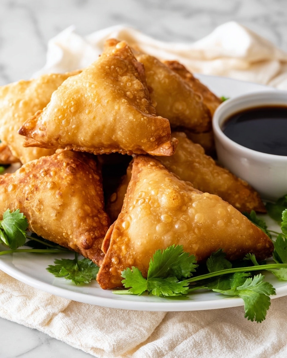 Several golden brown, crispy samosas with a slightly bubbled texture are stacked on a white plate. The samosas are triangular with sealed, crimped edges. Beneath them, fresh green cilantro leaves add a pop of color. To the side, a small white bowl contains dark, smooth dipping sauce. The plate rests on a white marbled texture surface with a cream-colored cloth underneath. photo taken with an iphone --ar 4:5 --v 7