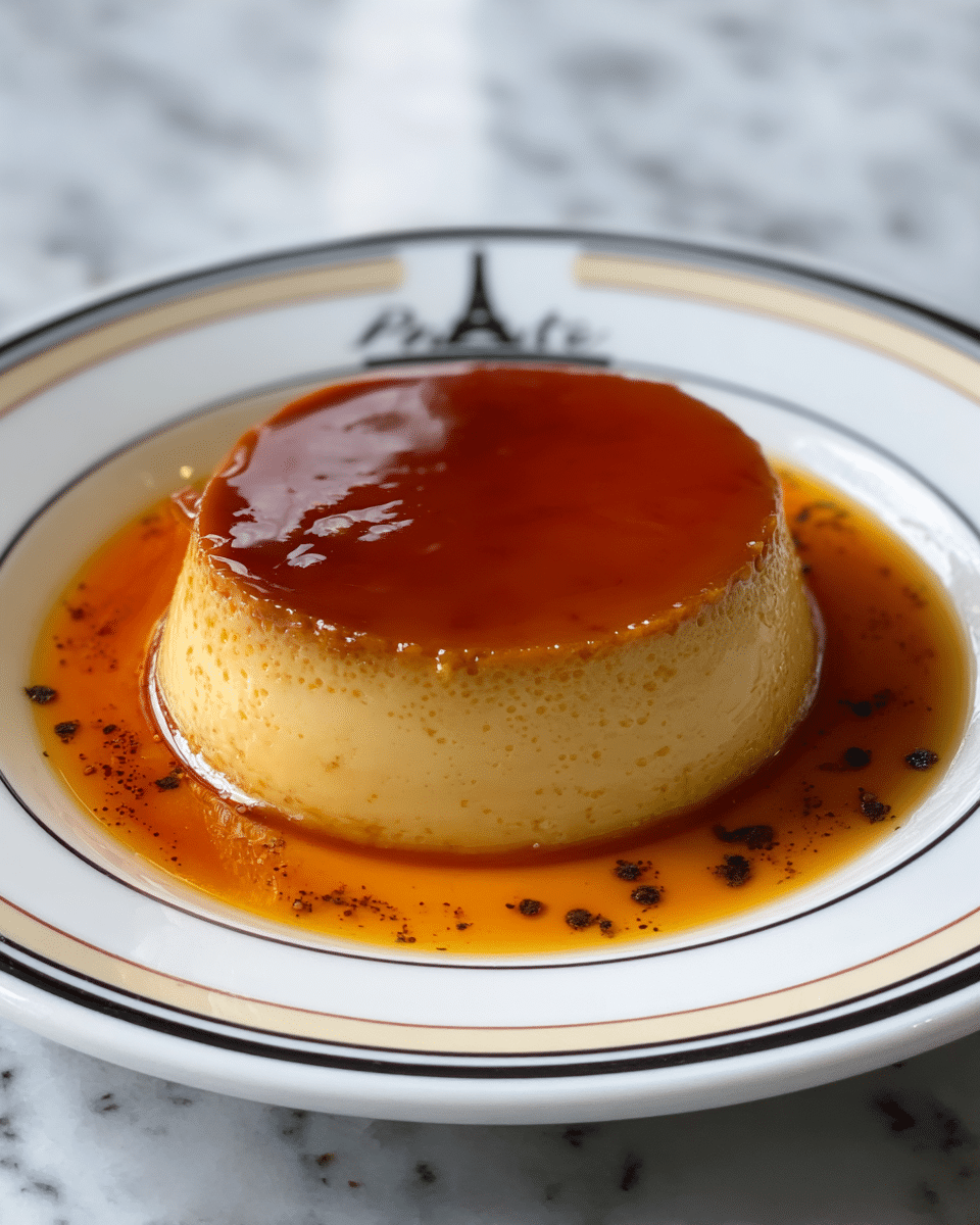 A single round flan dessert sits in the middle of a white plate with light beige stripes and black edge trim, along with a small Eiffel Tower drawing near the rim. The flan is smooth and creamy pale yellow in color with a shiny, dark amber caramel layer on top that slightly drips down its sides. Surrounding the flan is a pool of glossy caramel sauce with tiny black vanilla specks scattered on the surface. The plate rests on a white marbled texture. photo taken with an iphone --ar 4:5 --v 7
