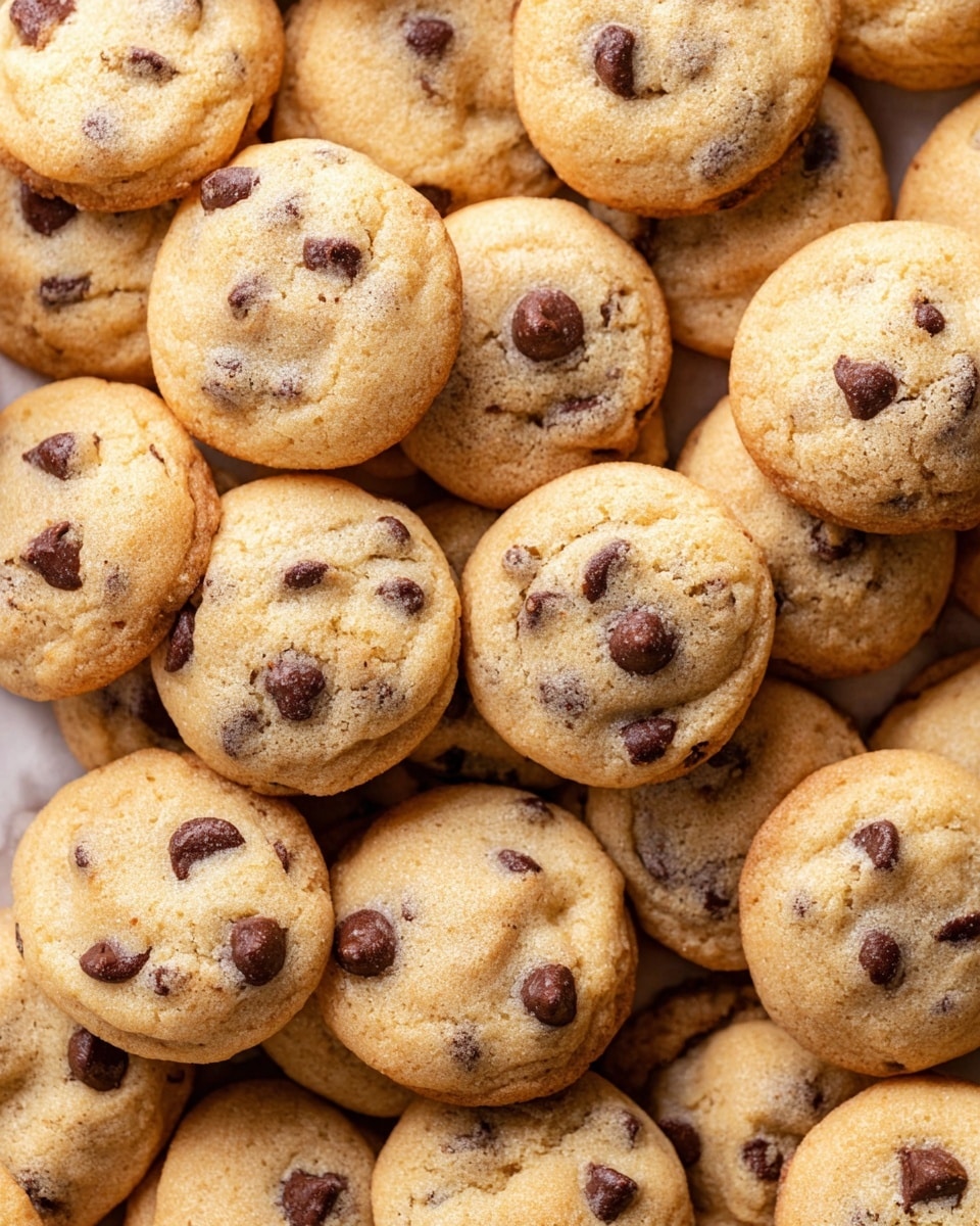 A close-up view of many small, round chocolate chip cookies piled together, each cookie showing a light golden-brown color with dark brown chocolate chips scattered evenly on the surface. The cookies have a soft, slightly crumbly texture with tiny cracks and smooth domed tops. The background is a white marbled texture, creating a clean and bright setting for the warm-colored cookies. photo taken with an iphone --ar 4:5 --v 7