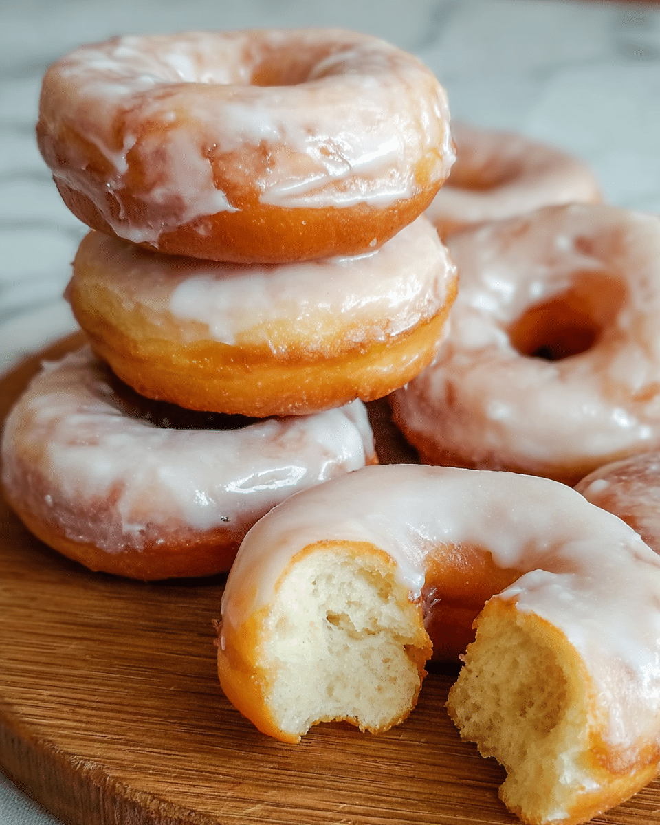 A close-up of a stack of donuts on a wooden board, with four glazed donuts showing a shiny, translucent white icing covering their golden-brown surfaces, revealing a soft texture underneath. In front, there are two plain donuts without glaze, one partially bitten with a fluffy, airy inside visible, and the other with a larger bite showing its light, soft crumb. The donuts are piled on a wooden board with a soft focus on a white marbled texture in the background. photo taken with an iphone --ar 4:5 --v 7