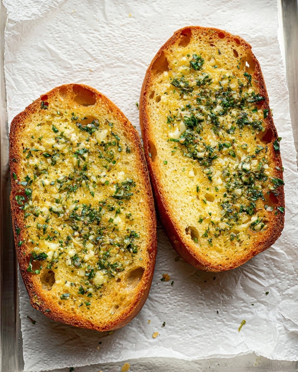 Two slices of toasted bread lie side by side on white crinkled parchment paper placed on a metal tray. Each slice has a golden-brown crust with a slightly crispy and textured surface, generously spread with a layer of melted butter mixed with finely chopped green herbs and small bits of garlic, giving a speckled green and white appearance on the warm yellow butter base. The bread's soft, airy interior shows small holes, and the toasting has given the edges a darker, crunchy look. Photo taken with an iphone --ar 4:5 --v 7