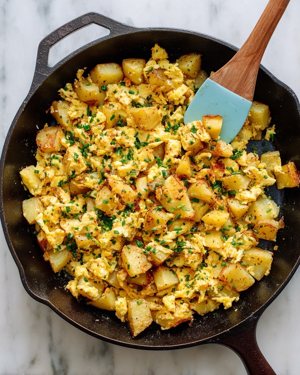 A black cast iron pan filled with roughly chopped golden browned potatoes and scrambled eggs mixed together, showing a textured and slightly crisp surface on the potatoes with soft, fluffy scrambled egg pieces scattered evenly throughout. There is a light blue spatula resting inside the pan at the top right, slightly stirring the mixture. The pan is placed on a white marbled surface. photo taken with an iphone --ar 4:5 --v 7