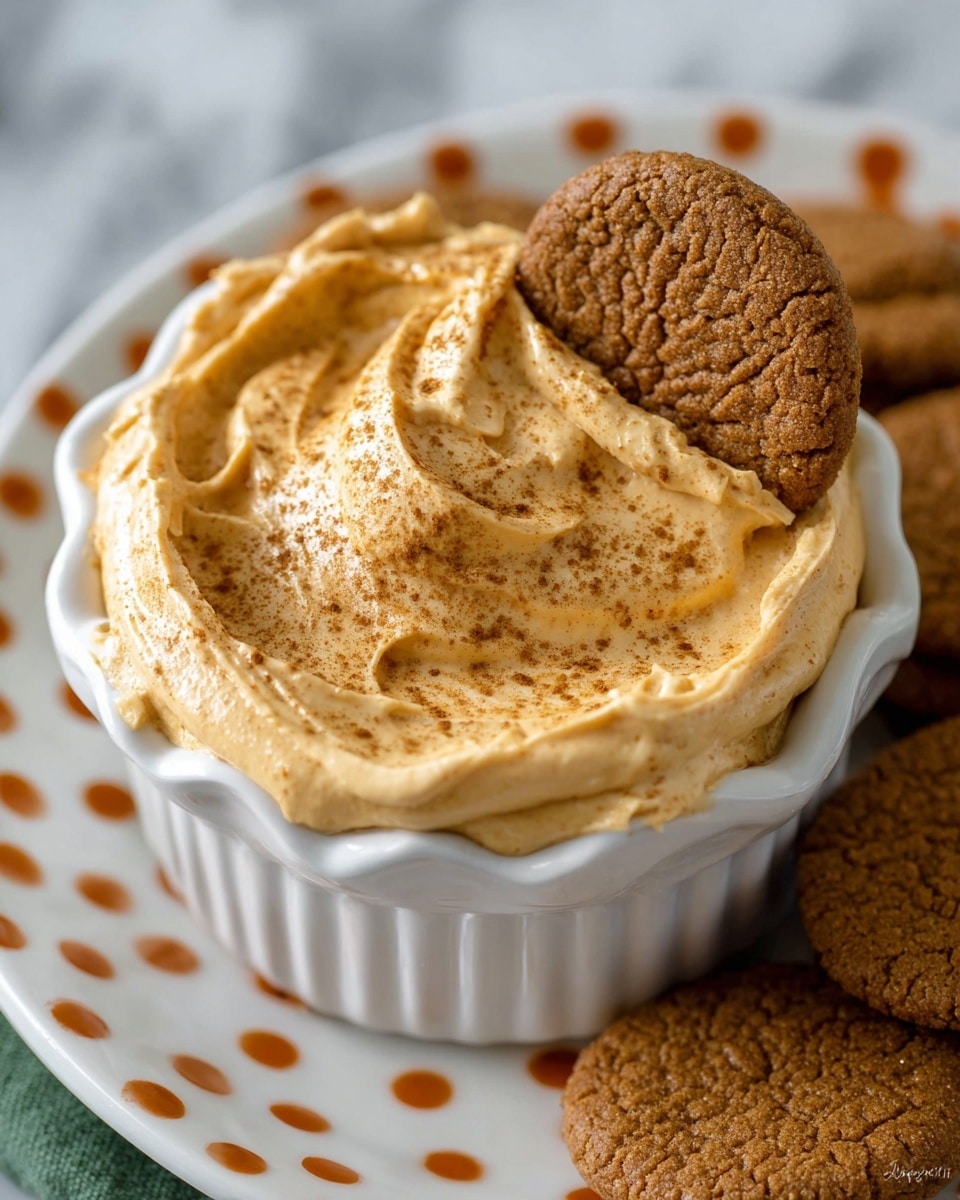 The image shows a white fluted bowl filled with a thick, creamy, light orange dip sprinkled with fine brown spice on the surface. A textured round brown cookie is partially dipped into the creamy layer, showing the thickness of the dip. The bowl is placed on a white plate with orange and white polka dots, all resting on a white marbled surface. There are additional brown cookies partially visible at the edge of the photo. photo taken with an iphone --ar 4:5 --v 7