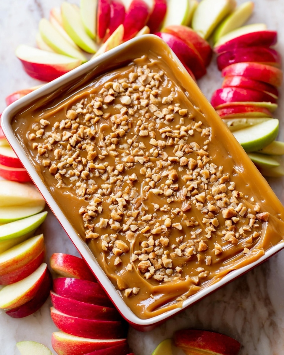 A small white rectangular dish filled with three visible layers: the bottom layer is smooth and golden caramel spread evenly, the middle layer is thick and shiny caramel with raised swirls around the edge, and the top layer is a generous amount of small, light brown chopped nuts spread evenly covering the caramel completely. Surrounding the dish are slices of red and green apples, fanned out on a white marbled surface. Photo taken with an iphone --ar 4:5 --v 7