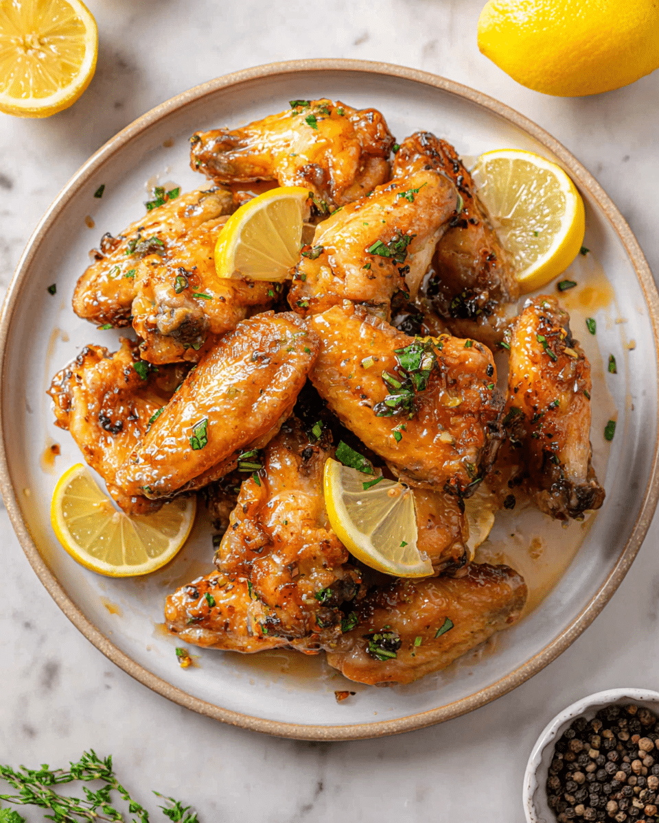 A round white plate holds a pile of golden-brown chicken wings, cooked to a crispy texture with a shiny glaze of sauce. Thin lemon slices are tucked around and under the wings, adding bright yellow and pale translucent light. Fresh green herb pieces are scattered on top of the wings, giving a fresh look. The background is a white marbled surface, with a bright yellow lemon visible in the upper right corner and a small white bowl filled with whole black peppercorns at the bottom right. Photo taken with an iphone --ar 4:5 --v 7