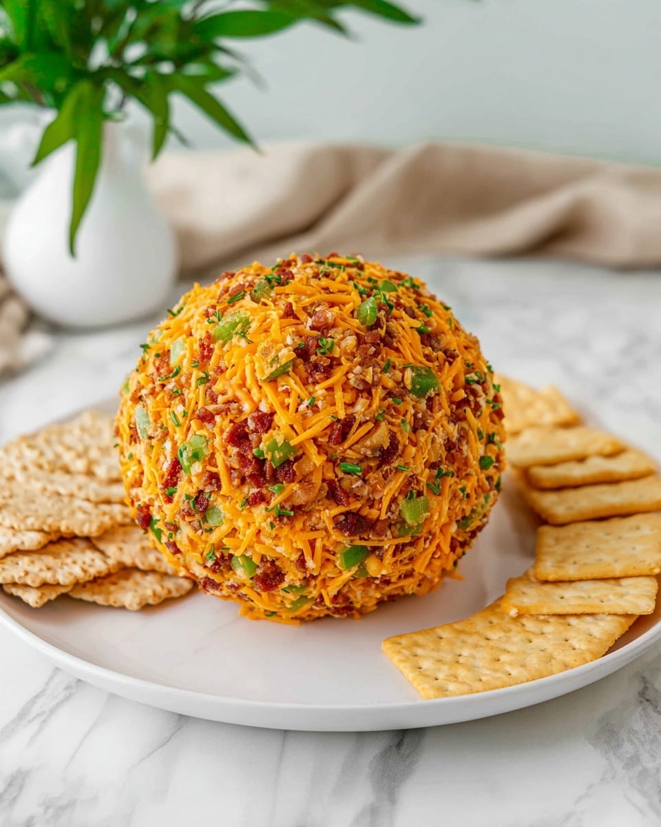 A round cheese ball covered in multiple layers of bright orange shredded cheddar cheese, chopped green bell peppers, and small chunks of brown nuts or bacon bits, creating a colorful speckled texture all around. The cheese ball sits on a clean white plate, accompanied by light golden rectangular crackers placed beside it on a white marbled surface. In the background, a soft beige cloth and a white round vase with green leaves add a fresh touch. Photo taken with an iphone --ar 4:5 --v 7