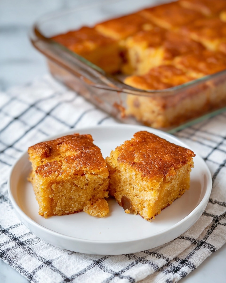 Two square pieces of golden brown cake with a crumbly, slightly cracked top layer sit on a white plate. The cake looks moist and dense with a rough texture on the sides, showing a lighter golden inside with some darker spots. Behind the plate, a clear glass baking dish holds the rest of the cake, cut into squares with a similar golden crust on top. The plate and baking dish rest on a soft, white cloth with black checkered lines, all set on a white marbled surface. photo taken with an iphone --ar 4:5 --v 7