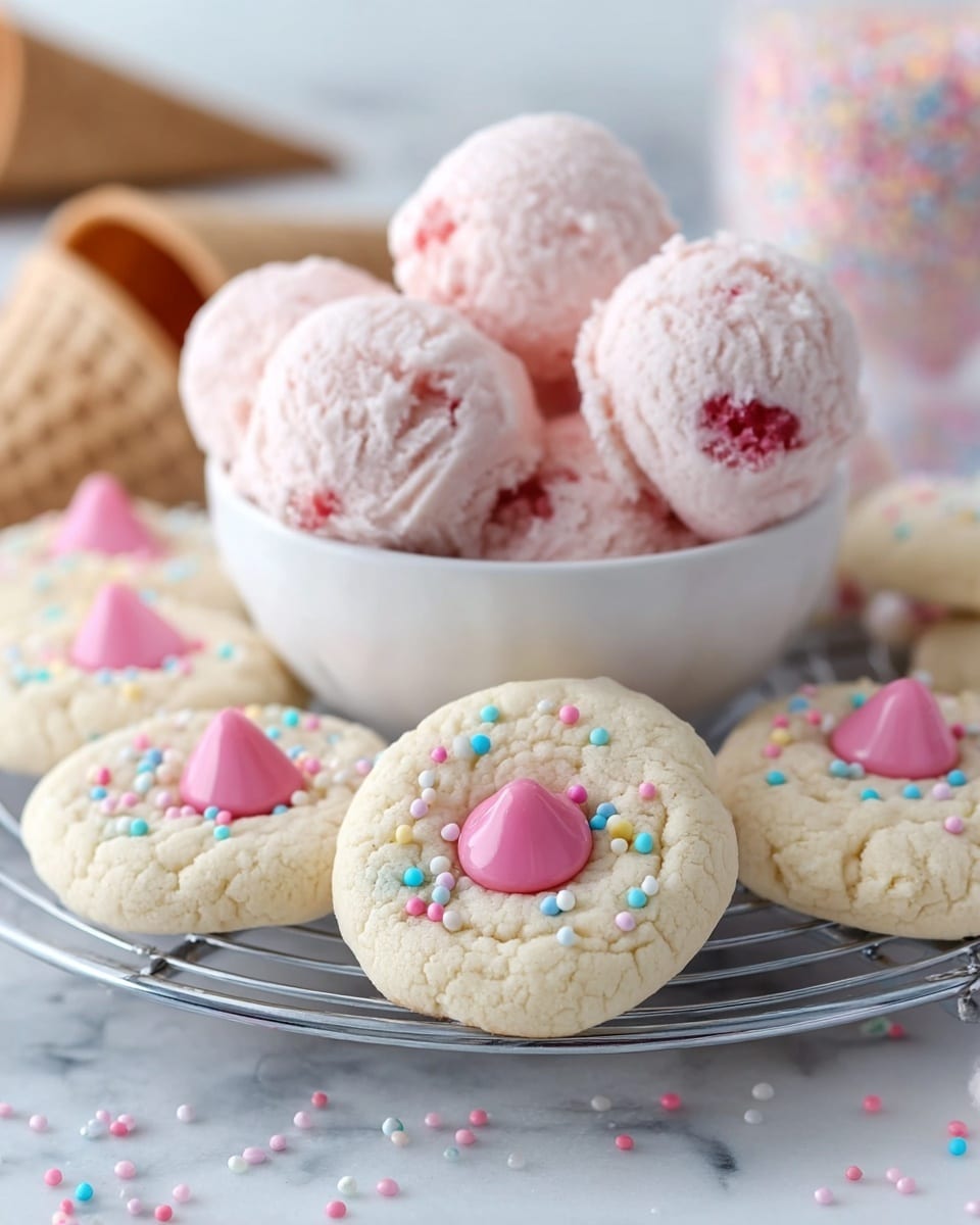 The image shows a white bowl full of light pink ice cream scoops with bits of red fruit inside, placed on a white marbled surface. In front of the bowl, there is a round cooling rack holding several pale cookies, each with a smooth, glossy pink candy drop in the center. Some cookies are plain with a soft, cracked texture, while others are covered in small pastel-colored round sprinkles in blue, yellow, pink, and white, giving a bumpy texture. There are a few waffle cones blurred in the background. The setting looks bright and inviting. photo taken with an iphone --ar 4:5 --v 7