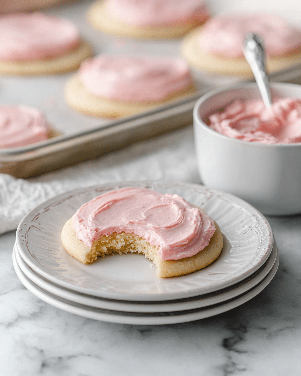 A single round sugar cookie with a bite taken from its right side sits on top of three stacked white plates with a subtle swirl pattern, the cookie topped with a smooth layer of light pink frosting. Behind the plates is a white bowl filled with more pink frosting with a spoon resting inside it. Further back, a baking tray lined with parchment paper holds several similar sugar cookies, each evenly coated with the same light pink frosting. The whole scene is set on a white marbled surface. Photo taken with an iphone --ar 4:5 --v 7