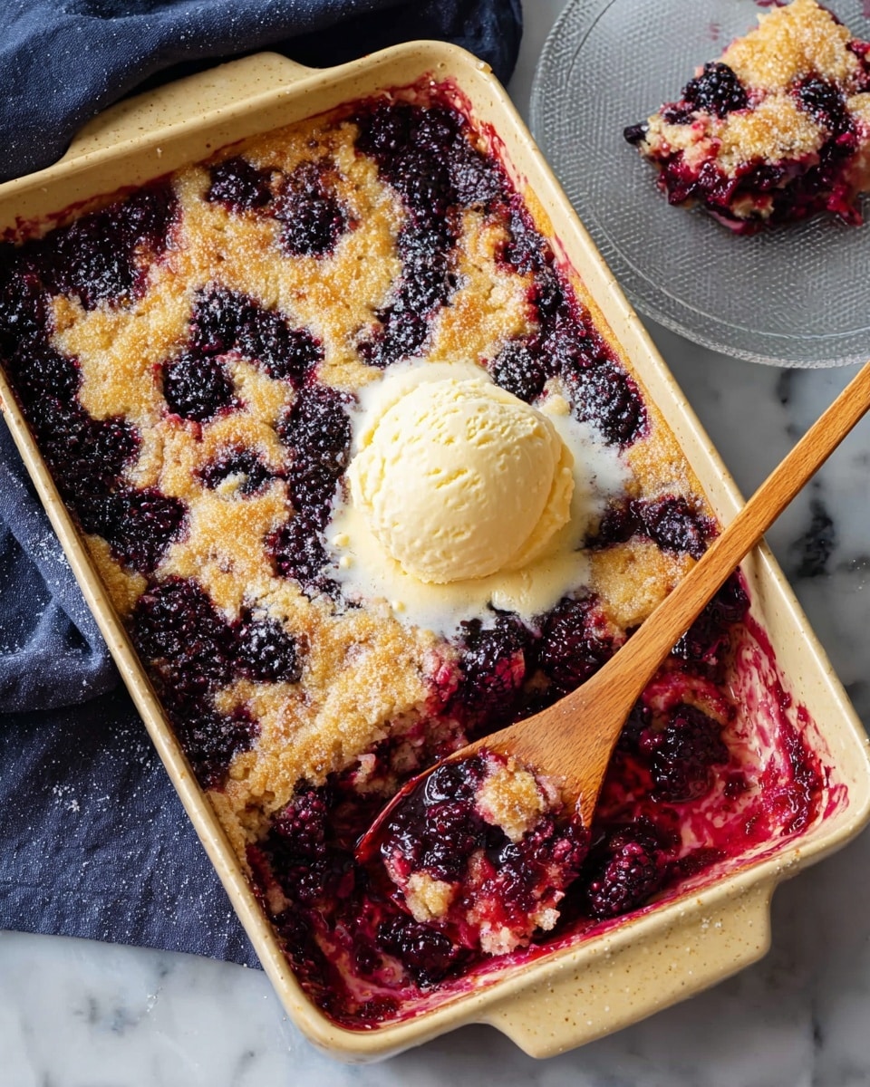 A baked dessert in a beige ceramic rectangular dish with a golden brown crust topped with scattered deep purple blackberries creating a textured pattern. The inside layer is soft and juicy with a mix of red and purple from the cooked blackberries. A large scoop of creamy pale yellow vanilla ice cream sits on top near the center, beginning to melt. A wooden spoon scoops out a portion from the bottom right corner, showing the moist, vibrant berry filling beneath the crust. The dish is placed on a white marbled surface with a clear glass plate holding a small slice of the dessert in the top right corner, and a dark blue cloth partially visible near the bottom left. Photo taken with an iphone --ar 4:5 --v 7