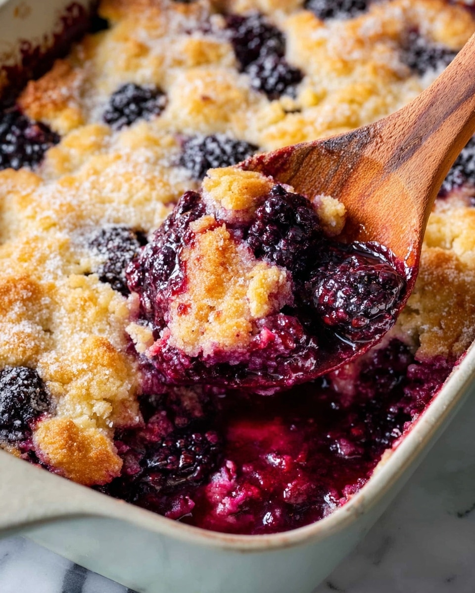 The image shows a close-up of a mixed berry cobbler with three visible layers: the top is a golden, crumbly, sugar-dusted crust with scattered whole blackberries embedded, the middle is a thick, deep purple and juicy berry filling bubbling up from underneath, and the bottom is a slightly toasted, soft pastry base. A wooden spoon scoops out a portion revealing a mix of the crust and vibrant berry filling. The dish is in a white baking dish set on a white marbled surface. Photo taken with an iphone --ar 4:5 --v 7