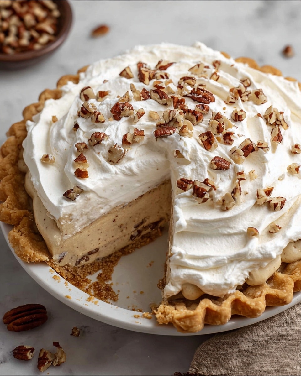 A pie with three clear layers sits on a white plate over a white marbled surface. The bottom layer is a golden-brown crust with a wavy edge and a slightly crispy texture. Above it is a thick, light brown creamy layer filled with small nut pieces. The top layer is a swirl of bright white whipped cream, generously sprinkled with chopped pecans that add a touch of dark brown color. Small pieces of pecans are scattered around the plate, giving a natural rustic look. Photo taken with an iphone --ar 4:5 --v 7