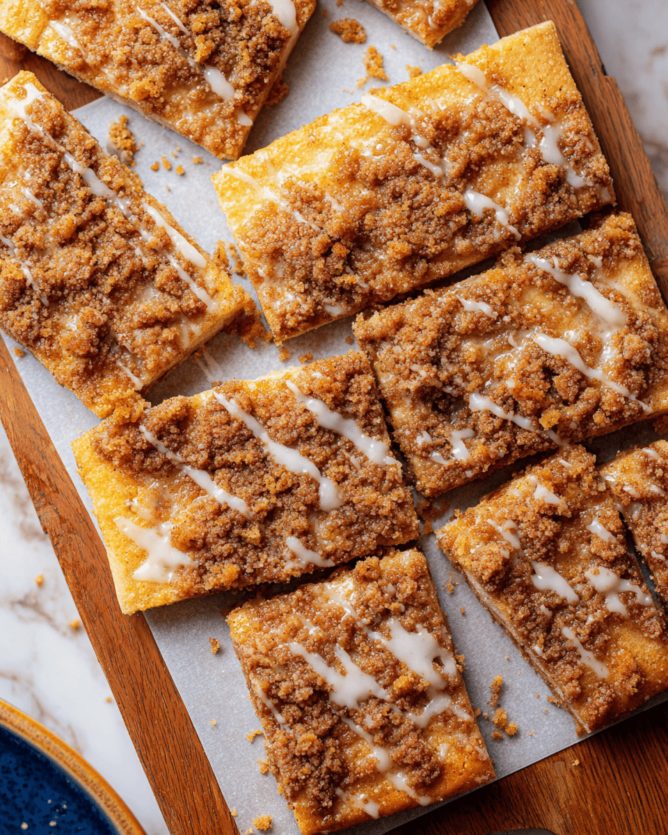 This image shows a cinnamon streusel flatbread cut into square and rectangular pieces, placed on a white parchment paper over a wooden board. The base layer is a golden-brown flatbread crust with a soft texture, topped evenly with a thick crumbly cinnamon streusel layer featuring various shades of light to dark brown. On top, there is a glaze drizzle that is white and slightly runny, contrasting with the crumbly streusel. The pieces are closely placed, showing some crumbs scattered around, and the background is a white marbled texture partly visible at the edges. Photo taken with an iphone --ar 4:5 --v 7