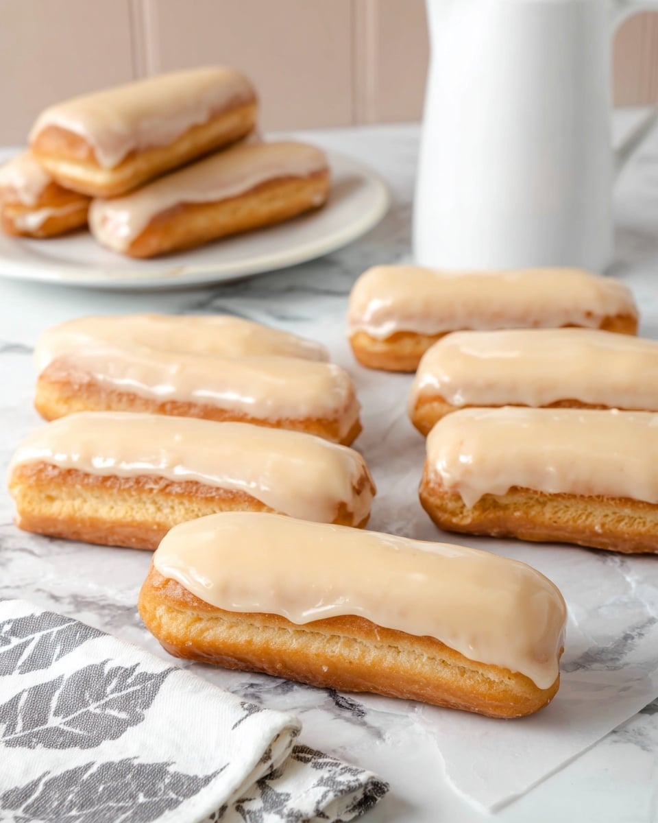 The image shows seven long, rectangular pastries arranged on a white marbled surface. Each pastry has two layers: a golden brown, lightly textured dough base and a smooth, creamy beige icing layer on top. The icing covers the top fully with a glossy finish, slightly dripping over the edges. In the background, there is a white plate holding four more pastries and a large white pitcher. A folded white cloth with a grayish leaf pattern is placed in the foreground on the lower left side. Photo taken with an iphone --ar 4:5 --v 7