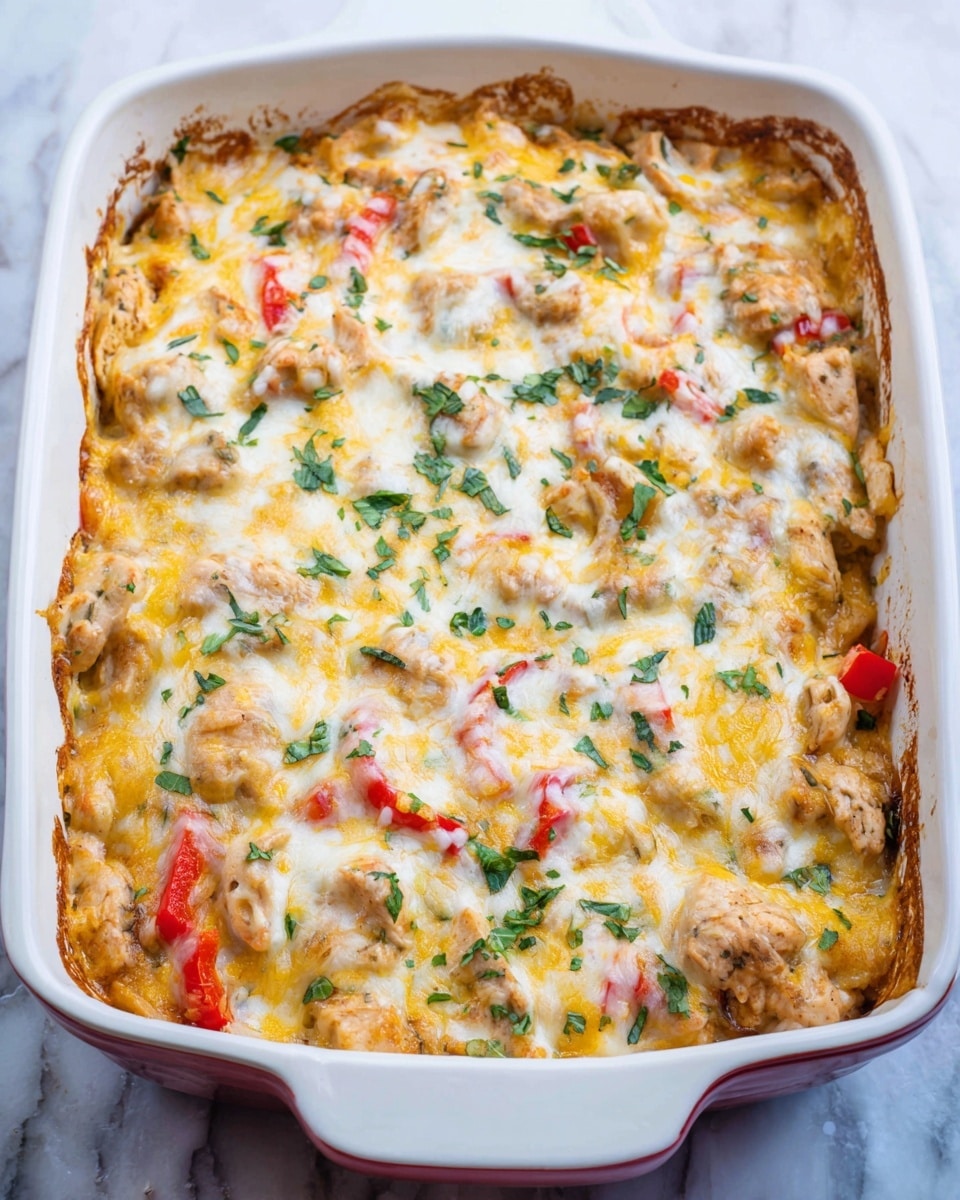 A white baking dish filled with a layered casserole showing melted cheese on top, blending white and yellow with a creamy, gooey texture. Underneath the cheese, chunks of light beige cooked chicken and soft red bell pepper slices are visible, mixed with a creamy sauce. The top is sprinkled with small, chopped green herbs, adding contrast to the warm tones. The edges of the dish show slightly browned areas where the casserole touches the sides. The baking dish sits on a white marbled surface. photo taken with an iphone --ar 4:5 --v 7