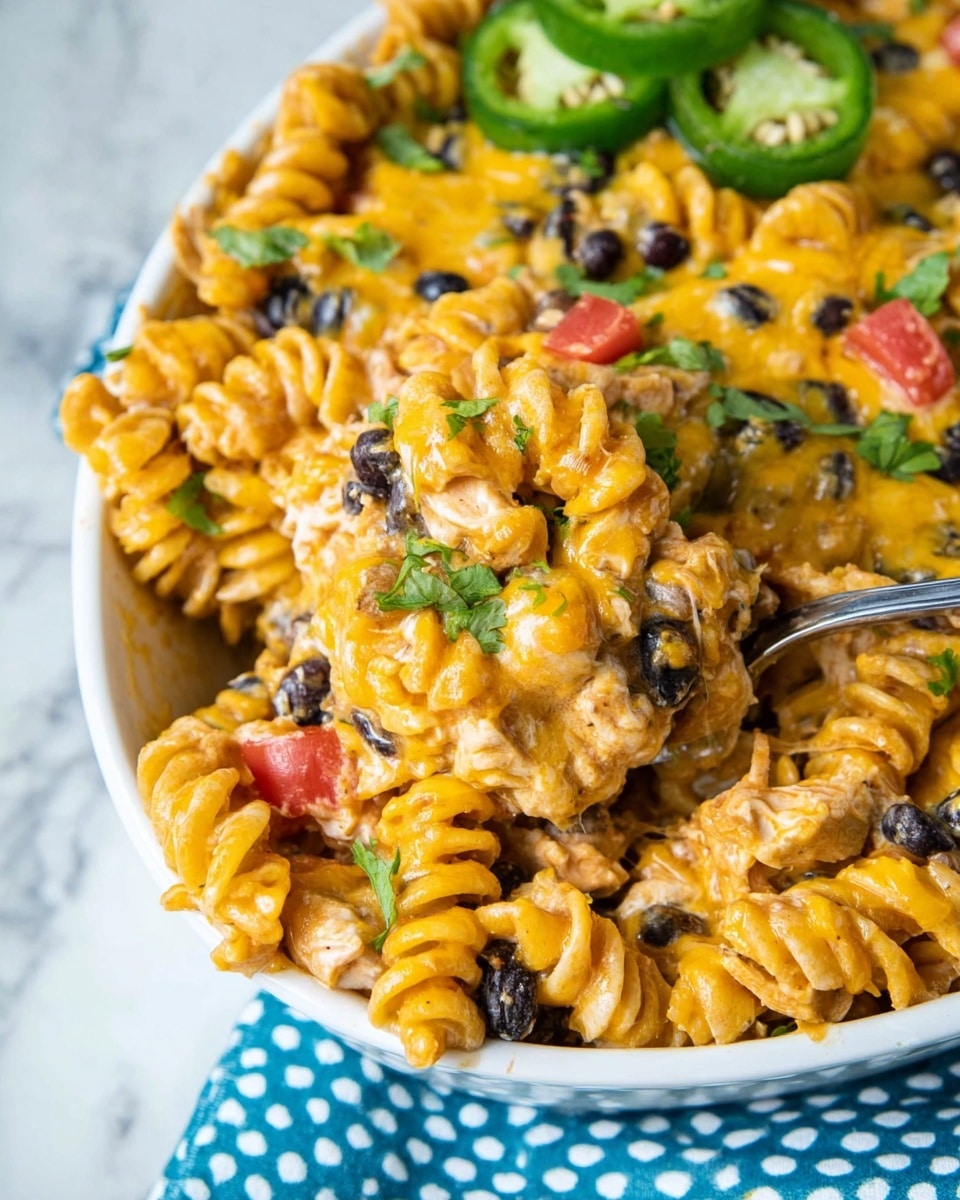 A close-up view of a white dish filled with a cheesy pasta bake featuring spiral-shaped pasta coated in melted golden-yellow cheese mixed with black beans and small white chunks of chicken. The pasta is topped with small diced red tomatoes and fresh green herbs scattered throughout. The upper background shows a few green sliced jalapeños resting on the pasta, adding color contrast. The dish sits on a white marbled surface with a blue and white polka dot cloth underneath. A metal spoon is scooping up a portion from the dish, highlighting the creamy, gooey cheese texture. Photo taken with an iphone --ar 4:5 --v 7