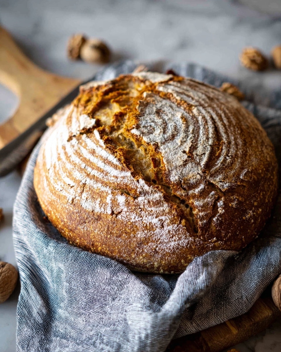 A round loaf of rustic bread sits on a grey cloth with blue stripes, resting on a wooden board. The bread has a deeply cracked, golden brown crust dusted with white flour in a circular pattern that follows the shape of the loaf. Cracks and textures show a crisp and crunchy surface, while walnuts are scattered softly around the edges on the wooden board. The setting is on a white marbled texture surface, giving a warm, cozy feel. photo taken with an iphone --ar 4:5 --v 7
