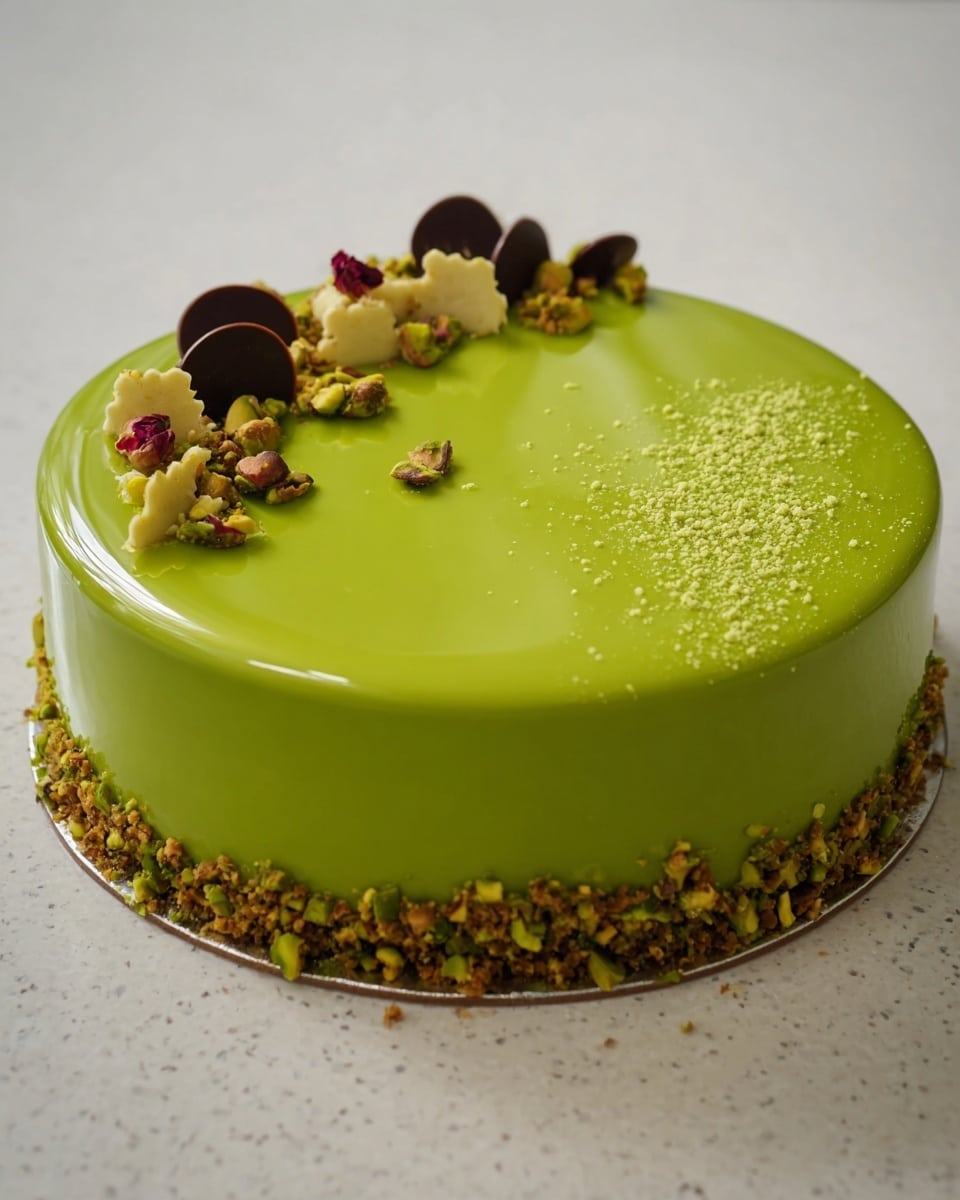 A smooth, shiny bright green cake with one main layer covered in a mirror glaze sits on a white marbled surface. The top is decorated on one side with small dollops of dark chocolate, light beige sponge or crunchy pieces, and a few scattered pistachios and tiny dried rose petals. The base of the cake is surrounded by chopped pistachios, adding a textured green and brown border. The glaze reflects light softly and the surface has a fine sprinkle of green powder. photo taken with an iphone --ar 4:5 --v 7
