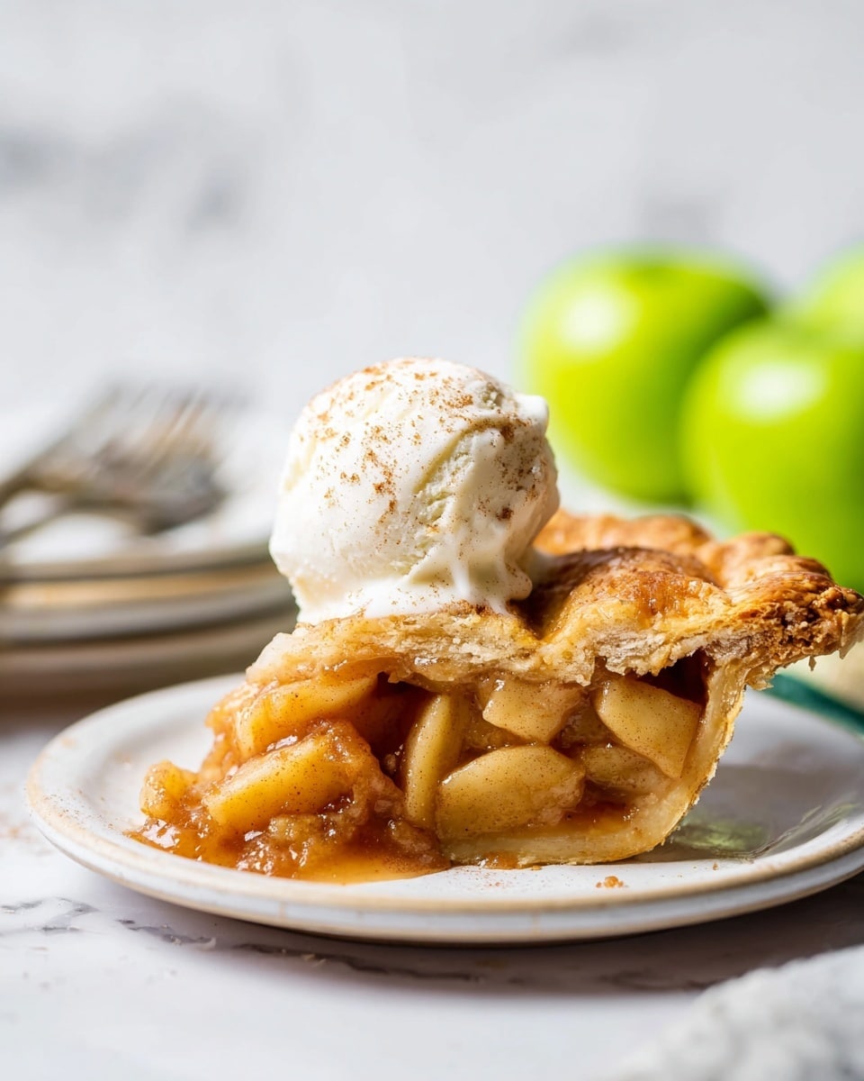 A white plate holds a partially sliced lattice-topped pie with a golden-brown crust. The crust has a slightly uneven edge and is dusted lightly with sugar. The lattice strips are wide and laid in a crisscross pattern, showing a warm amber filling with visible slices of fruit beneath. One piece of pie is removed and placed on a separate white plate with speckled edges, displaying thick layers of soft fruit and syrup soaking the bottom crust. The background is a white marbled surface with a light beige cloth napkin softly draped nearby and two green pears resting to the side. photo taken with an iphone --ar 4:5 --v 7