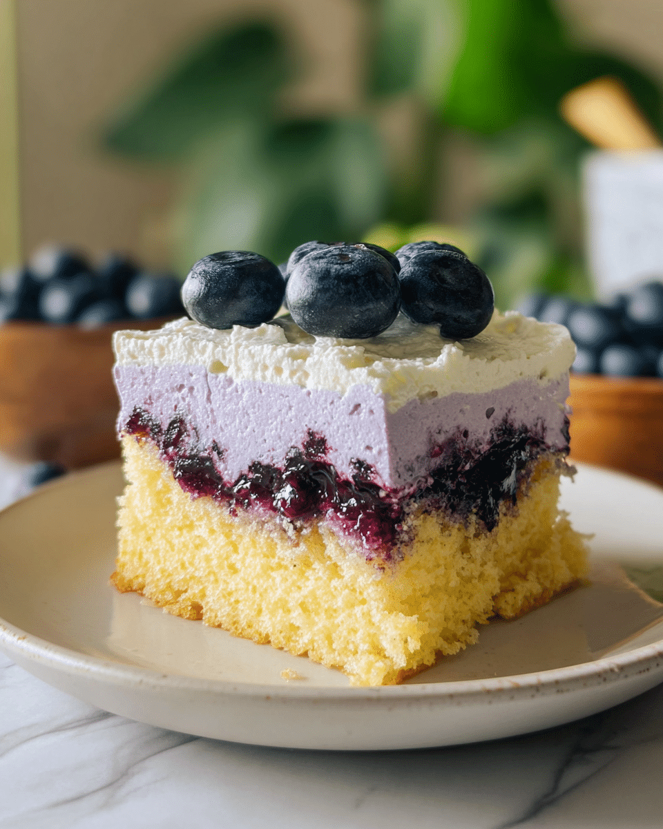 A square piece of cake sits on a white plate with a white marbled surface background. The cake has three layers: the thick bottom layer is yellow and spongy, the middle layer is dark purple jam-like with fruit pieces, and the top layer is light purple and creamy with a soft texture. On top, five fresh dark blue blueberries are placed close together. The image has a blurred background with green leaves and bowls of blueberries. Photo taken with an iphone --ar 4:5 --v 7