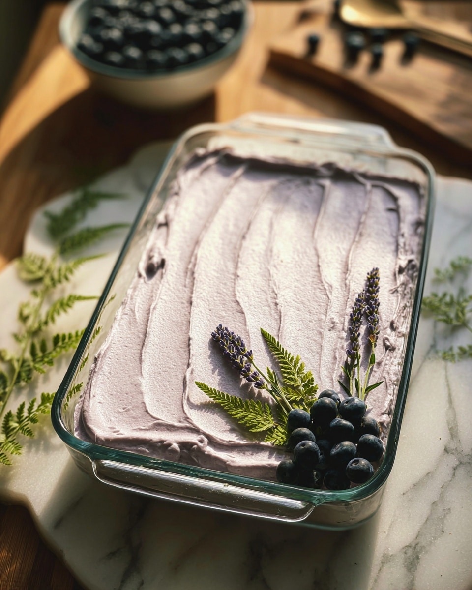 A glass rectangular dish holds a dessert with a single smooth, thick layer of light purple whipped topping spread evenly across the top, with soft texture lines visible. In the bottom right corner, there is a small cluster of fresh blueberries, dark blue and shiny, placed next to green fern-like leaves and thin lavender flowers standing upright. The dish is set on a white marbled surface with warm natural light casting soft shadows, and a blurred bowl of blueberries and wooden board are in the background. Photo taken with an iphone --ar 4:5 --v 7