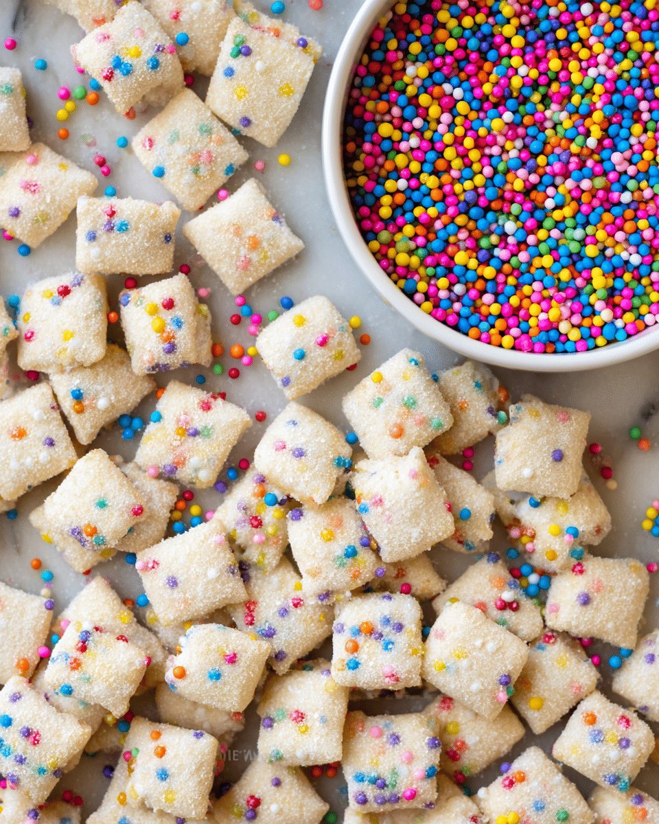 A close-up image shows small square snacks, light beige in color with a slightly powdery texture, scattered all around. Each snack has colorful tiny round sprinkles embedded, appearing in various bright colors like red, blue, yellow, pink, orange, green, and purple, giving a fun and festive look. On the top right side of the picture, a round white bowl is filled to the brim with closely packed multicolored round sprinkles, matching the ones on the snacks. The background is a white marbled texture that adds a clean and simple look to the image. photo taken with an iphone --ar 4:5 --v 7