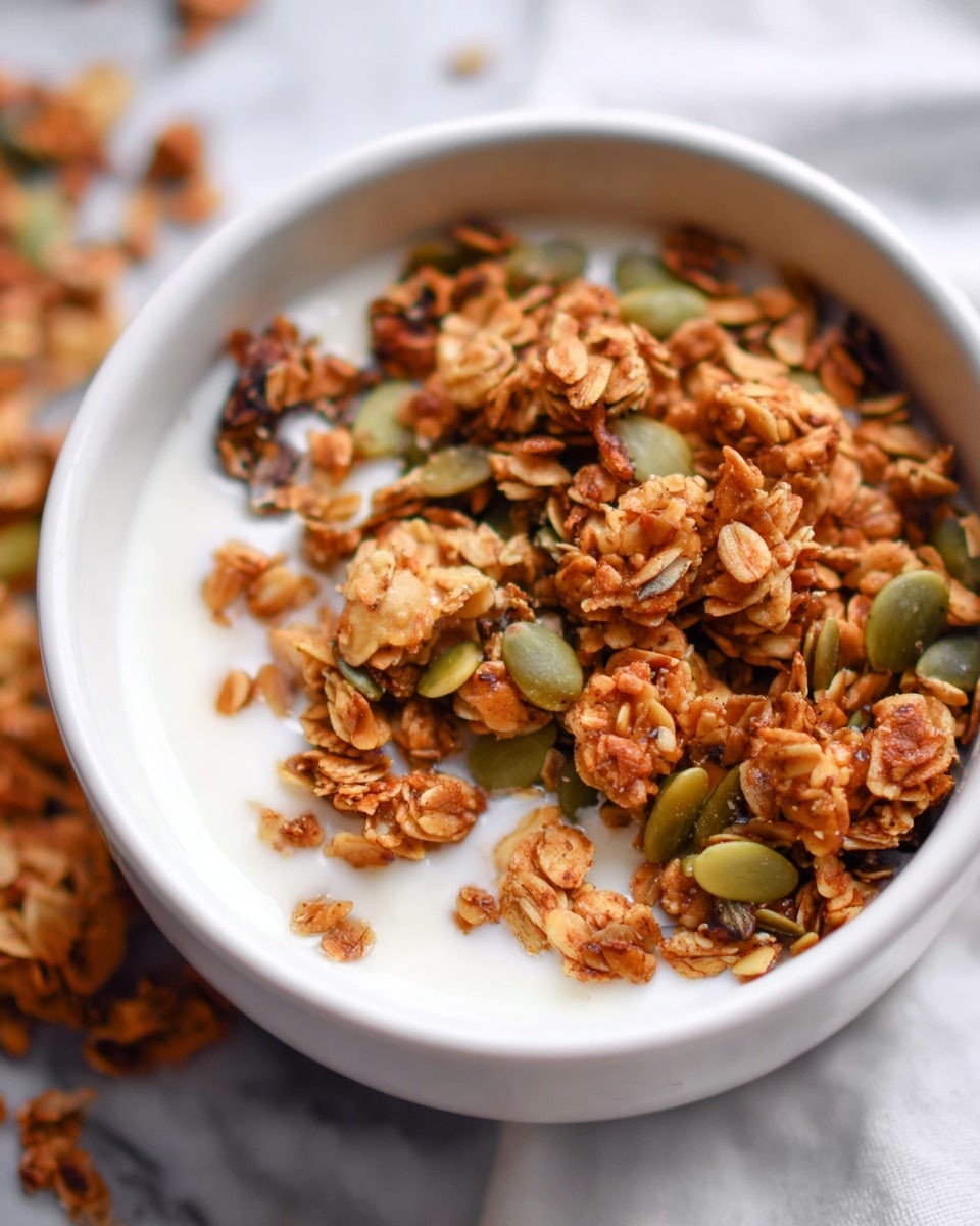 A close-up view of a white bowl filled with toasted granola on top of milk. The granola has uneven clusters showing many textures: golden brown oats, green pumpkin seeds, and darker roasted nuts and grains scattered throughout. The clusters are spread unevenly but mostly gathered in the center, with some grains falling to the side inside the bowl. The background shows a white marbled texture slightly out of focus, giving soft, natural light. photo taken with an iphone --ar 4:5 --v 7