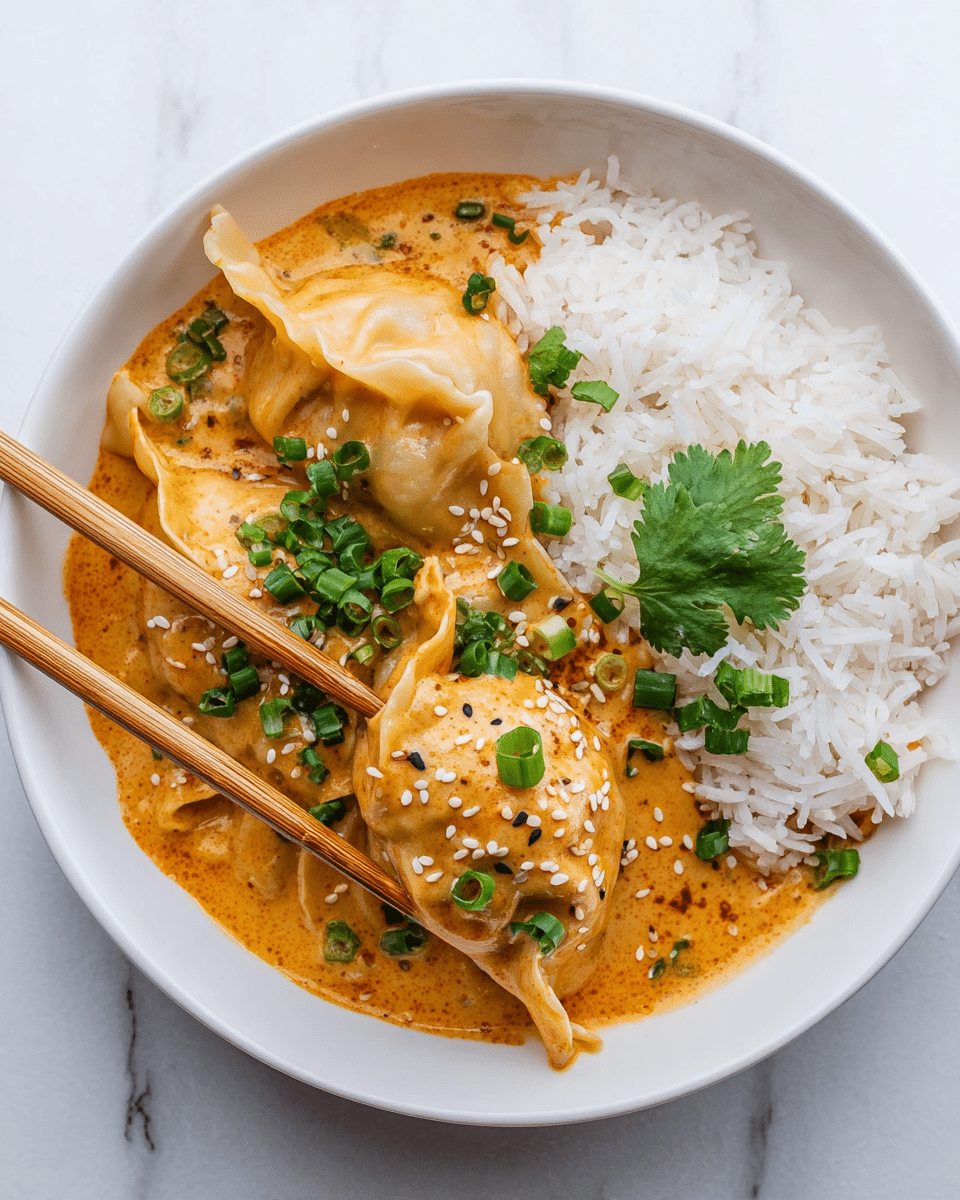 A white round bowl contains a serving of white rice on the right side, with a creamy orange sauce on the left that covers two golden-brown dumplings, garnished with green chopped scallions, white sesame seeds, and sprigs of fresh cilantro. Light wooden chopsticks hold one dumpling in the center, resting on the sauce and rice. The background is a white marbled surface. photo taken with an iphone --ar 4:5 --v 7