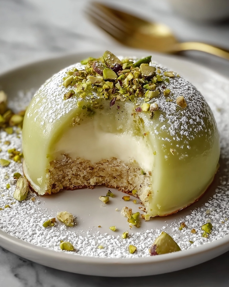 The image shows a small dome-shaped dessert with three visible layers placed on a white plate with powdered sugar dusted around it. The outer layer is smooth and glossy, colored light greenish-yellow. Inside, there is a creamy, pale yellow middle layer with a shiny, soft texture. The bottom layer is crumbly and light brown, like a soft biscuit base. The top of the dessert is sprinkled with chopped green pistachios and a light dusting of powdered sugar, adding texture and a pop of color. There are a few crumbs and pistachio pieces scattered near the dessert on the plate. The background is a white marbled texture, and a gold fork lies beside the plate. photo taken with an iphone --ar 4:5 --v 7