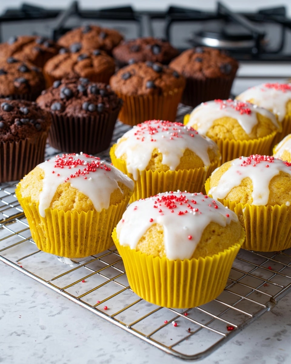 The image shows two types of muffins cooling on a metal rack over a white marbled surface. The front row features golden yellow muffins in bright yellow paper liners, each topped with a smooth white icing layer that gently drips down the sides, and small red sprinkles scattered on top. Behind them, there are dark chocolate muffins in dark brown paper liners with a textured top dotted with chocolate chips. The background includes part of a stovetop and a white marbled counter, highlighting a clean kitchen setting. photo taken with an iphone --ar 4:5 --v 7