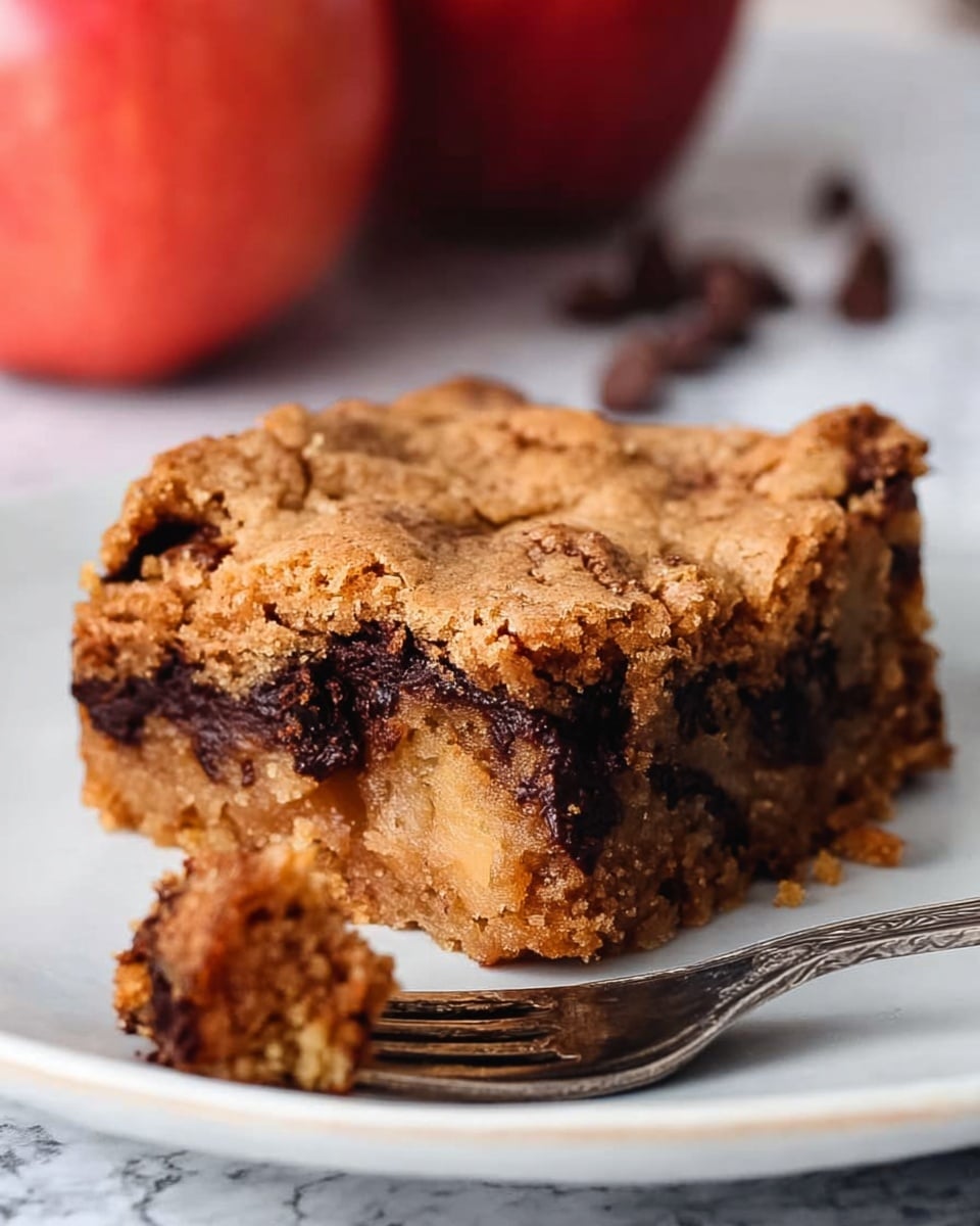 A close-up of a square piece of thick, soft, golden-brown cookie bar with visible chocolate chips melted inside the middle layer, sitting on a white plate. The top layer is cracked and textured, showing the baked crust, while the inside looks moist and dense with dark chocolate pieces throughout. In front of the plate is a silver fork holding a small crumb from the bar. The background is a white marbled surface with blurred chocolate chips and a red apple in the distance. Photo taken with an iphone --ar 4:5 --v 7