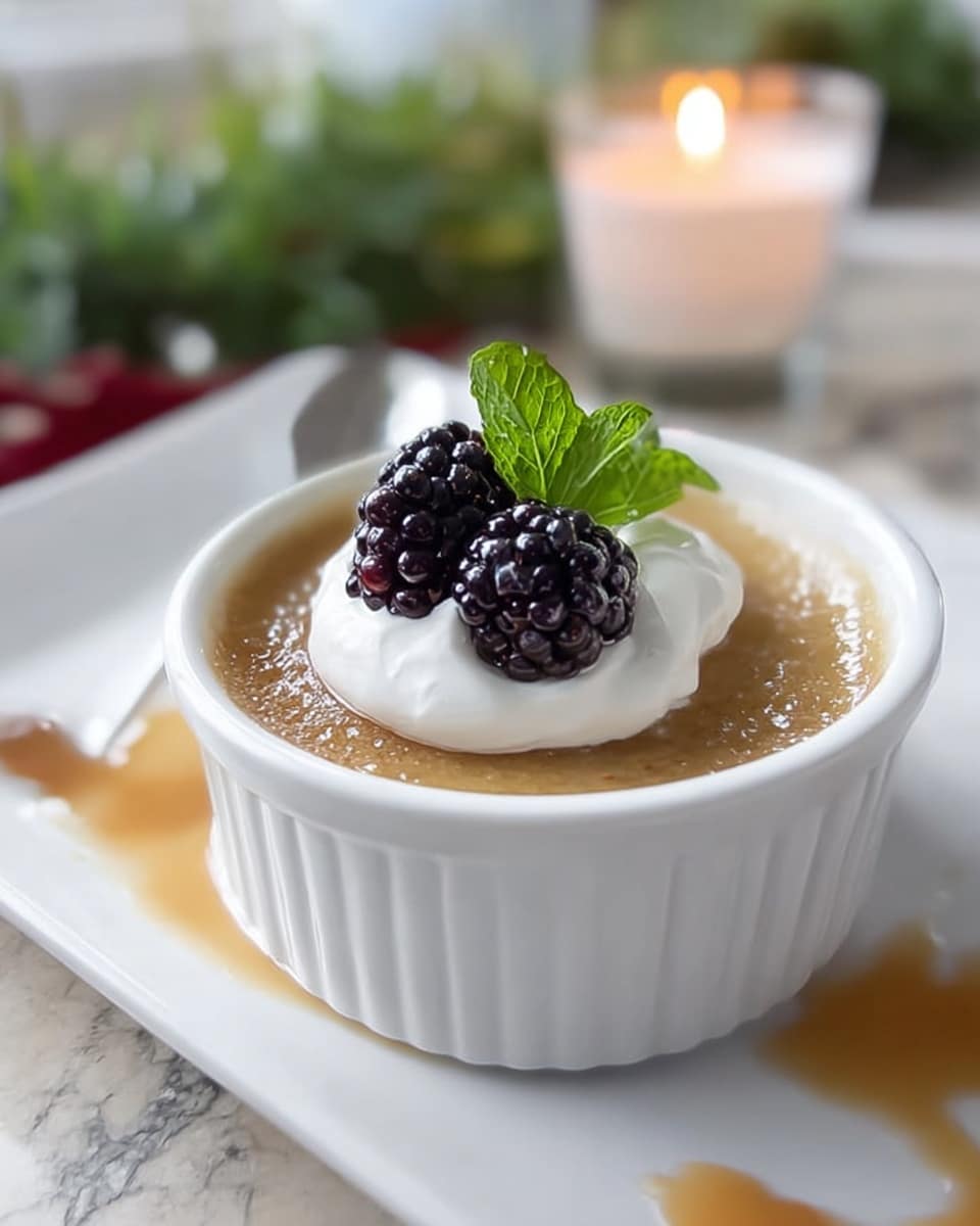 A small white ramekin filled with a smooth, caramel-colored pudding sits on a white plate with a light drizzle of caramel sauce beside it. On top of the pudding, there is a dollop of white whipped cream, decorated with three plump blackberries that have a shiny, deep purple-black color. A fresh green mint leaf is placed in the center, adding a bright touch. In the background, a softly glowing candle and blurred green plant can be seen on a white marbled surface. Photo taken with an iphone --ar 4:5 --v 7