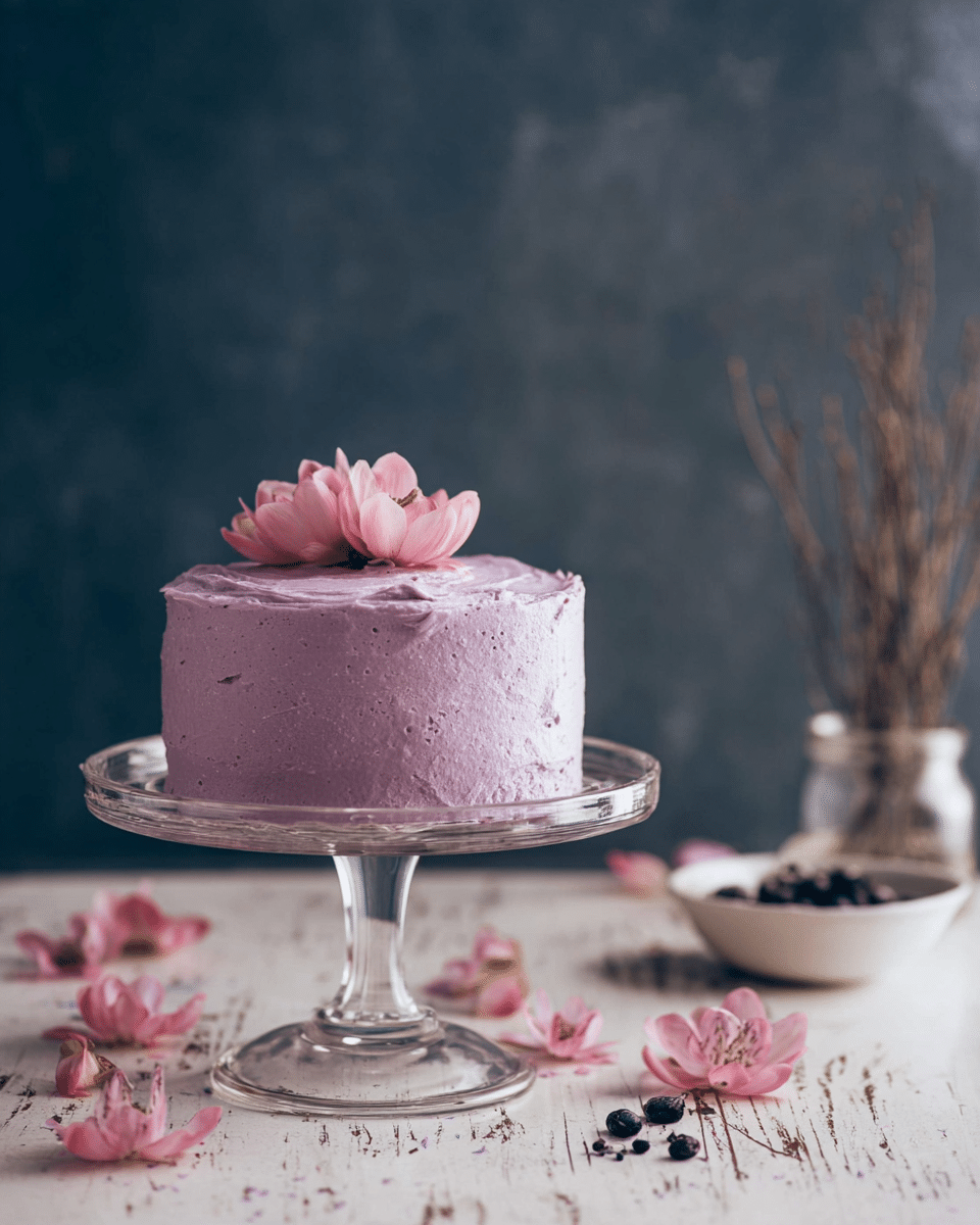 A small, two-layer cake stands on a clear glass cake stand with a thin stem and wide base, set on a white marbled surface. The cake is smoothly covered in light purple frosting with a slightly textured appearance. On top, there are two pink flowers with soft petals placed close together near one edge. Around the base of the cake stand, there are scattered pink flowers and some small dark round objects. In the background, to the right, a white bowl holds thin dried plant stems. photo taken with an iphone --ar 4:5 --v 7