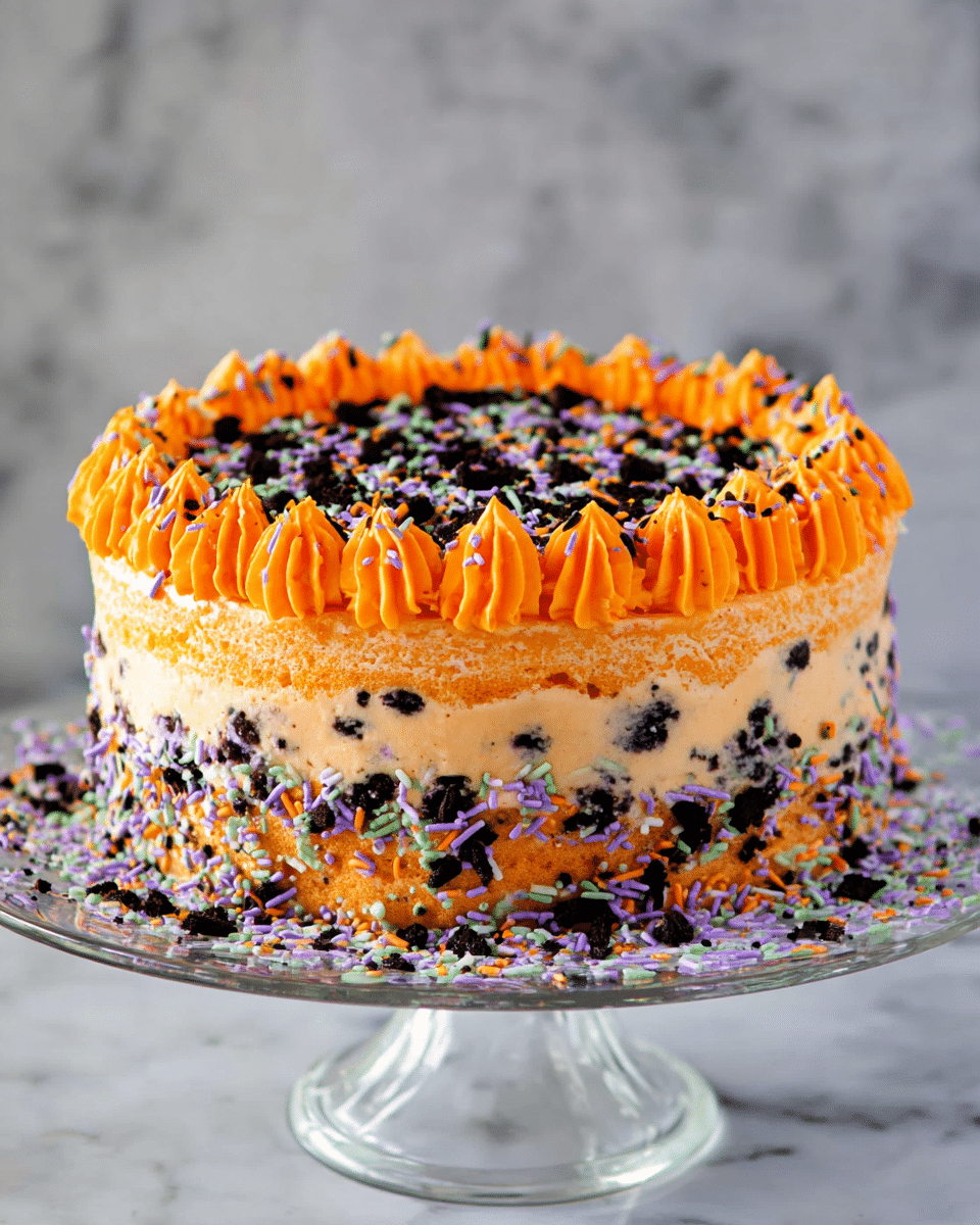 The image shows a three-layer round cake on a clear glass cake stand against a white marbled background. The bottom layer is an orange cake base, the middle layer is a light orange creamy filling with small black pieces embedded throughout, and the top layer is a lighter cream layer decorated with bright orange piped frosting along the edges. The cake is covered with many colorful sprinkles in black, purple, green, and orange, spread on the top and scattered around the base on the cake stand. photo taken with an iphone --ar 4:5 --v 7